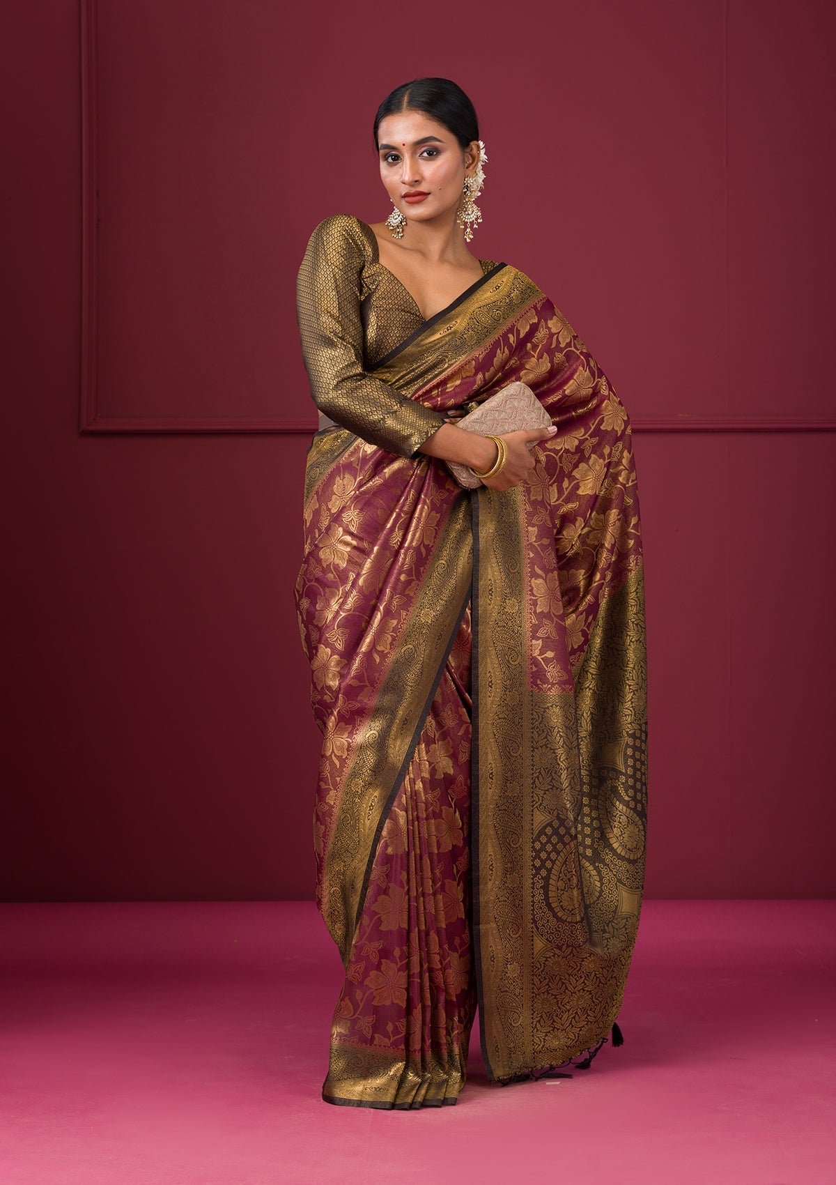 Bravix Elegantly Crafted Maroon Soft Silk Saree with Stunning Zariwork
