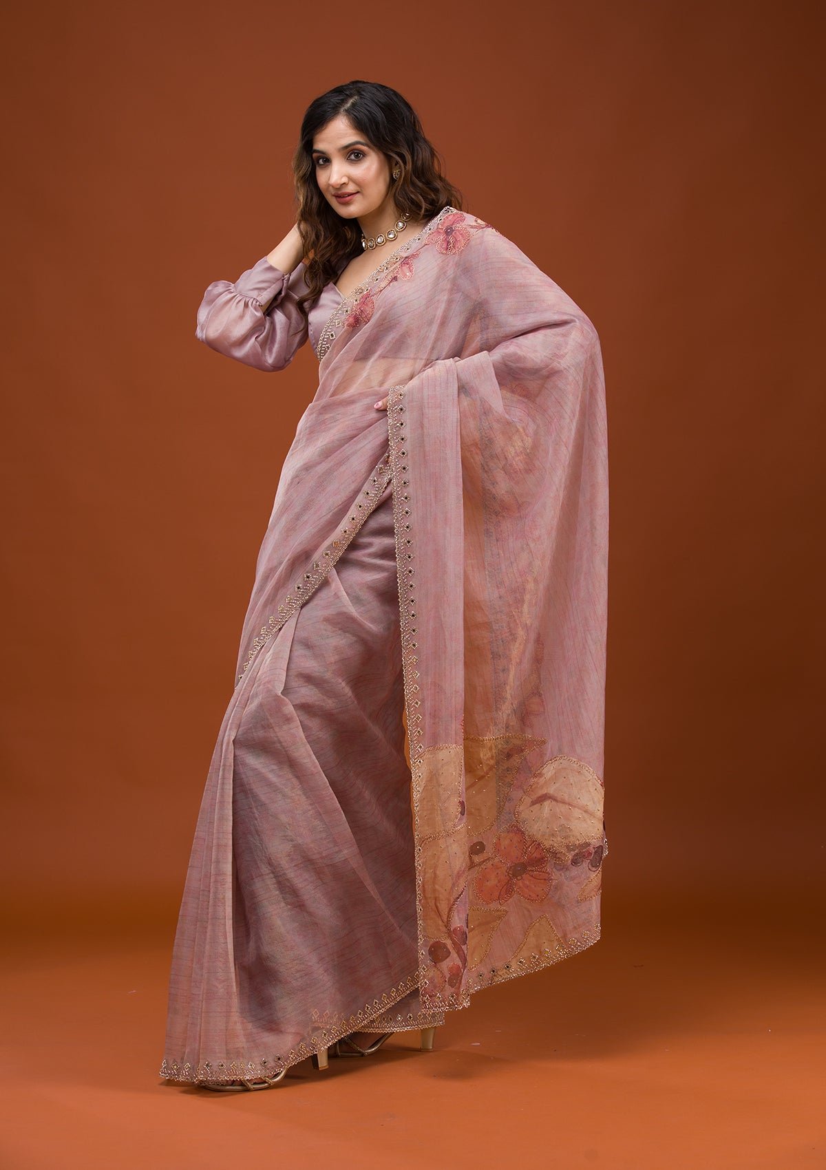 Elegant Mauve Printed Tissue Saree for a Chic Look