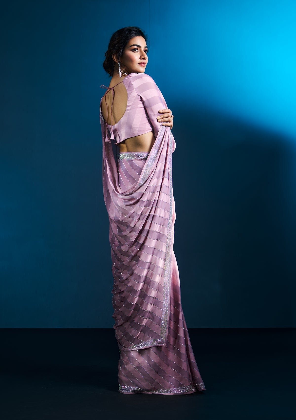 Elegant Mauve Swarovski-Embellished Satin Designer Saree - Image 8