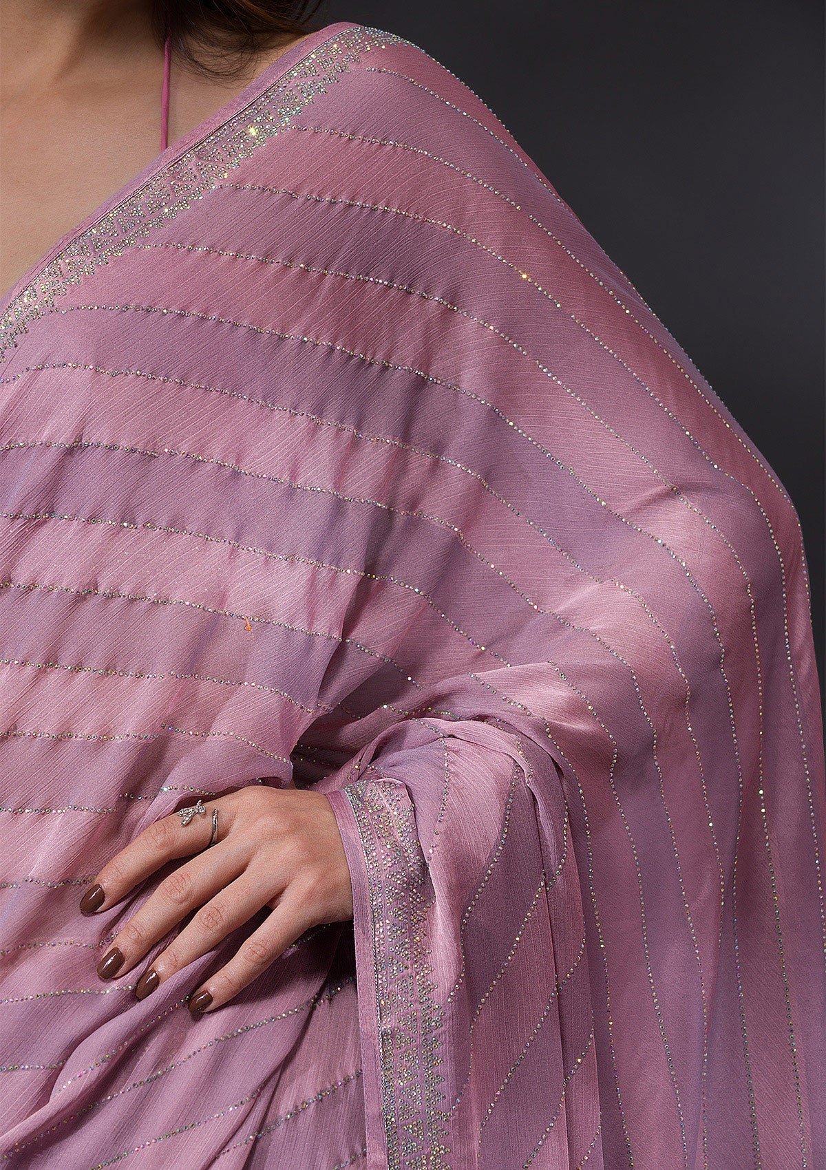 Elegant Mauve Swarovski-Embellished Satin Designer Saree - Image 9