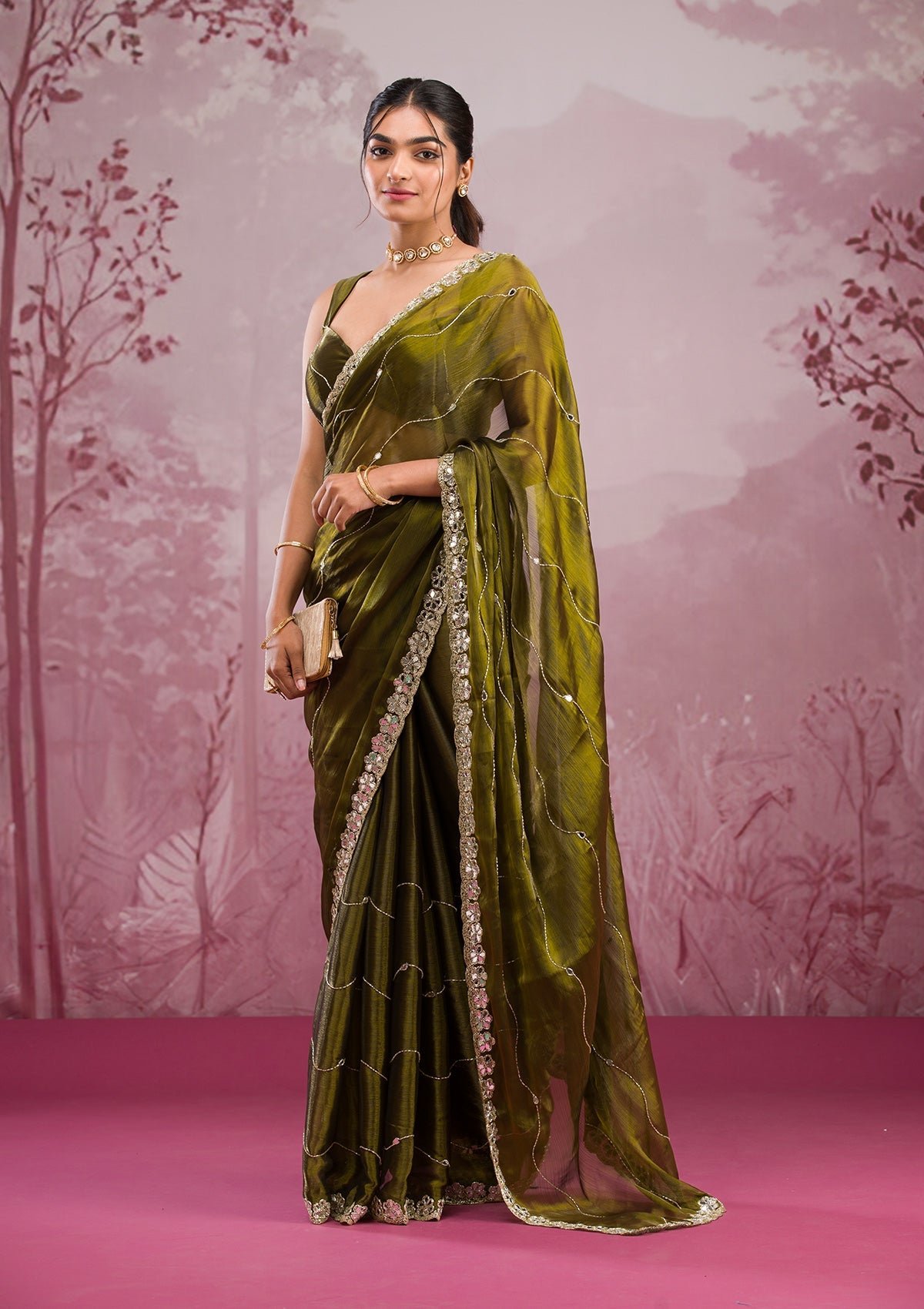 Elegant Mehendi Mirrorwork Tissue Saree for Stunning Occasions