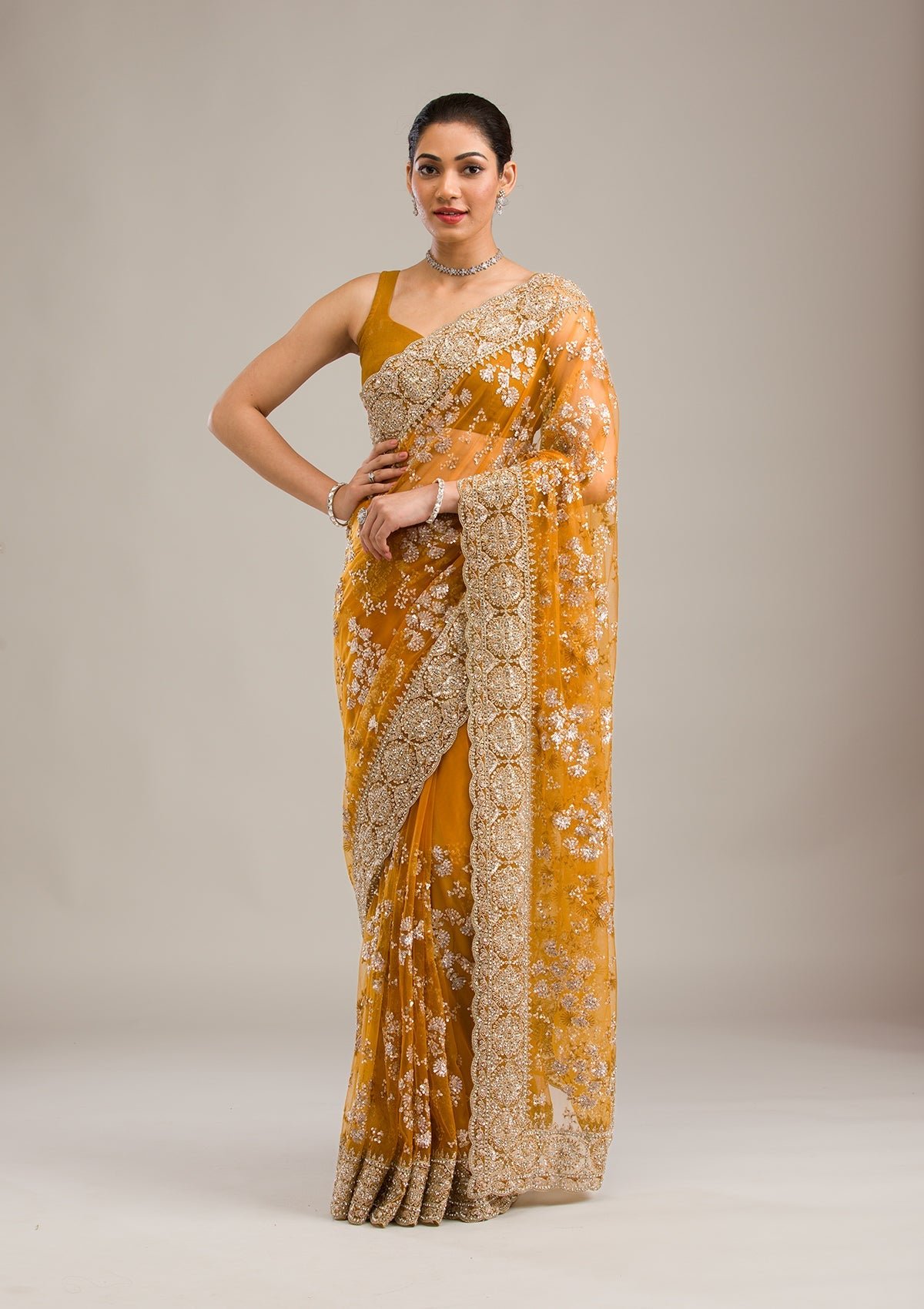 Bravix Stunning Mustard Zariwork Net Saree for an Elegant Look
