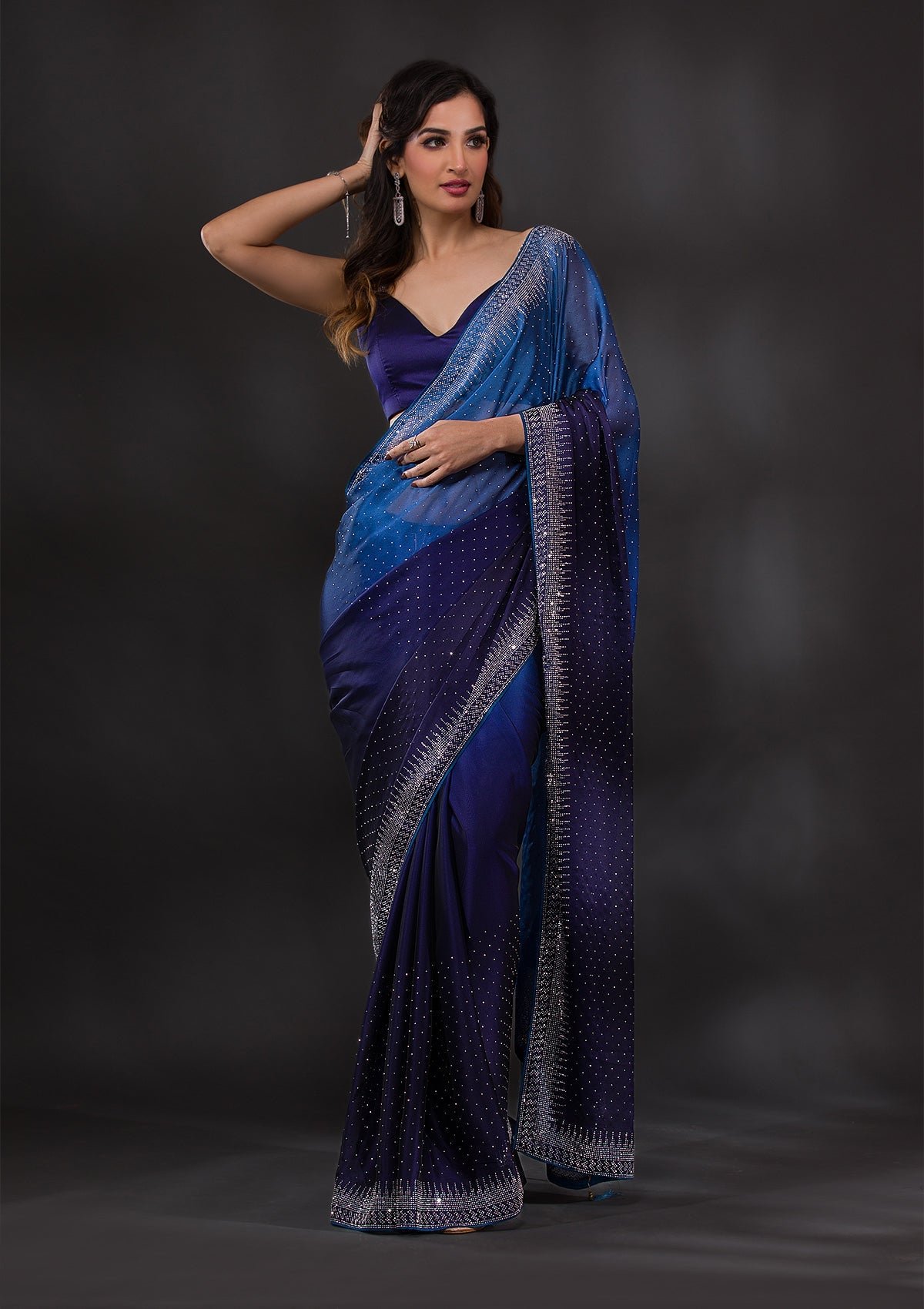Bravix Stunning Ombre Navy Blue Satin Designer Saree with Exquisite Stonework