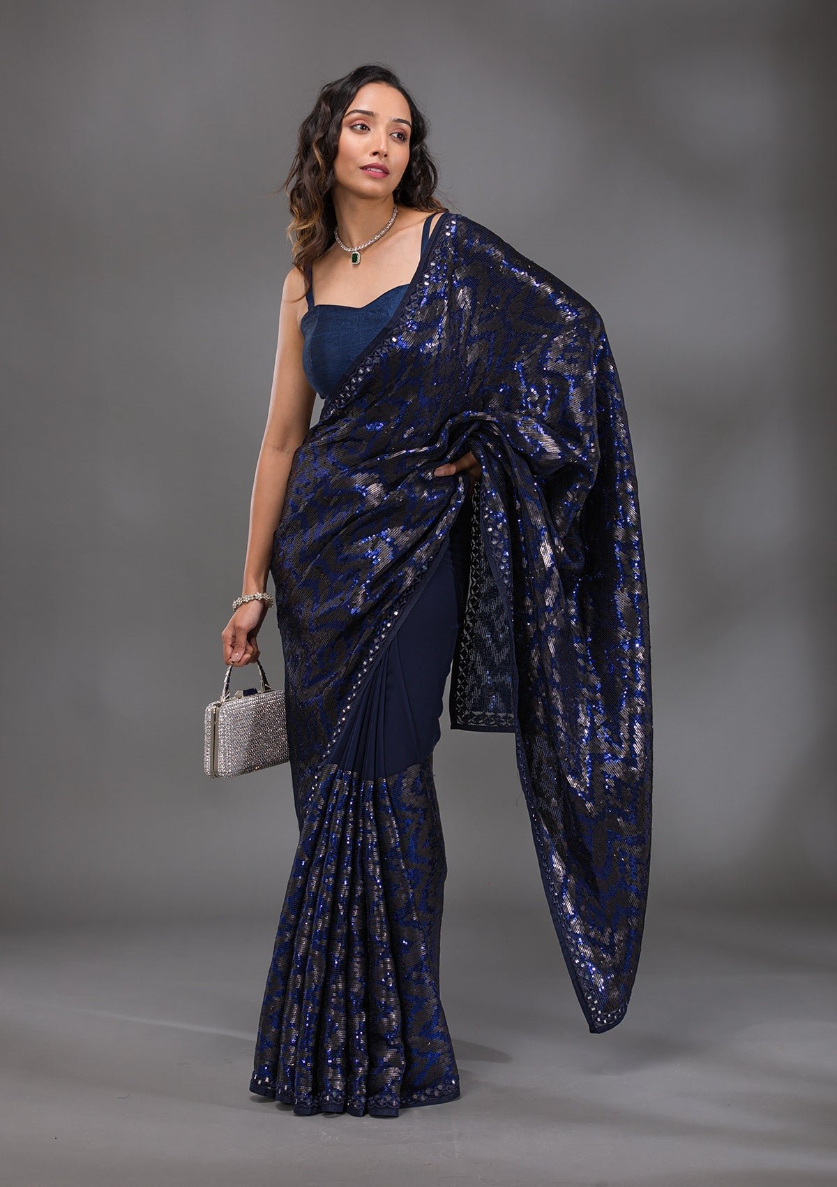 Bravix Elegant Navy Blue Georgette Saree with Stunning Sequins