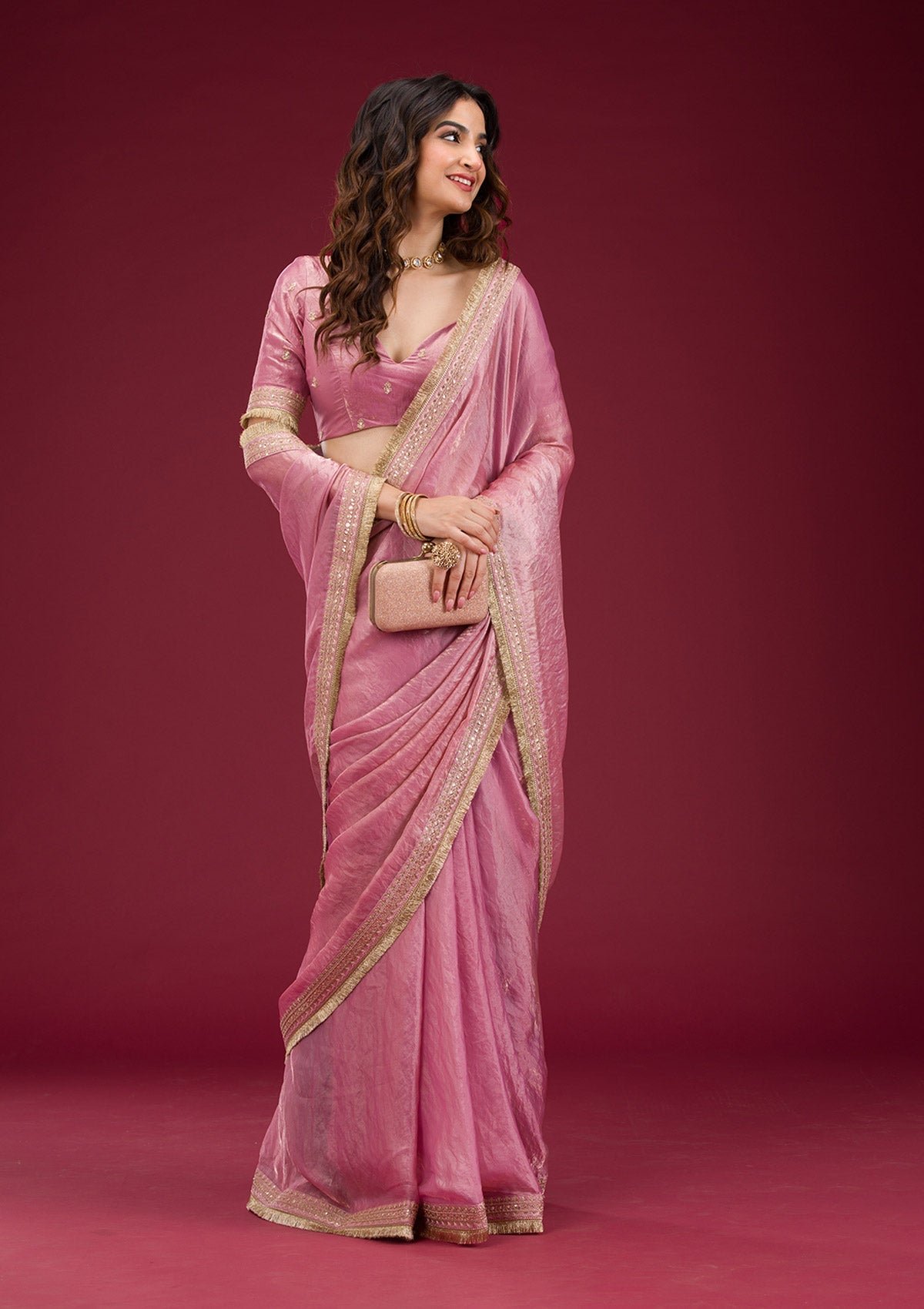Bravix Elegant Pink Tissue Saree with Intricate Onion Threadwork