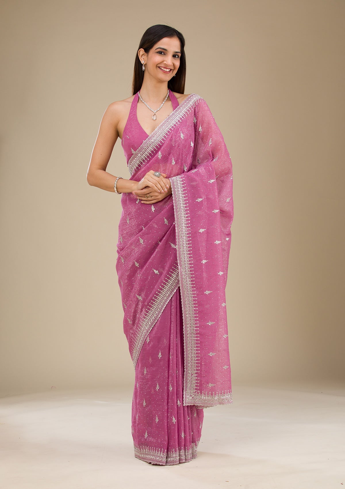 Bravix Elegant Pink Zariwork Tissue Saree with Onion Hues