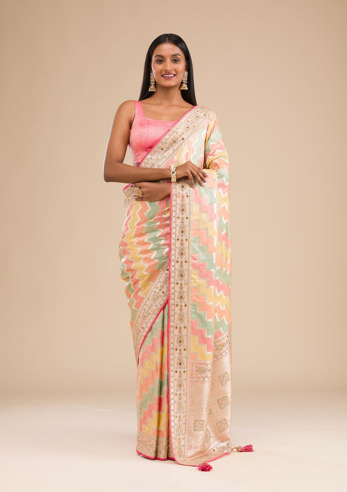 Bravix Elegant Peach Banarasi Silk Saree with Intricate Stonework