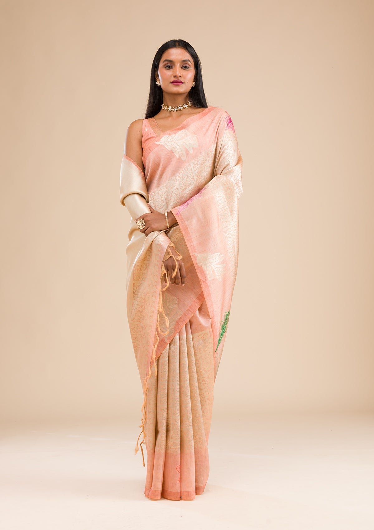 Bravix Elegant Peach Zariwork Soft Silk Saree for Timeless Grace