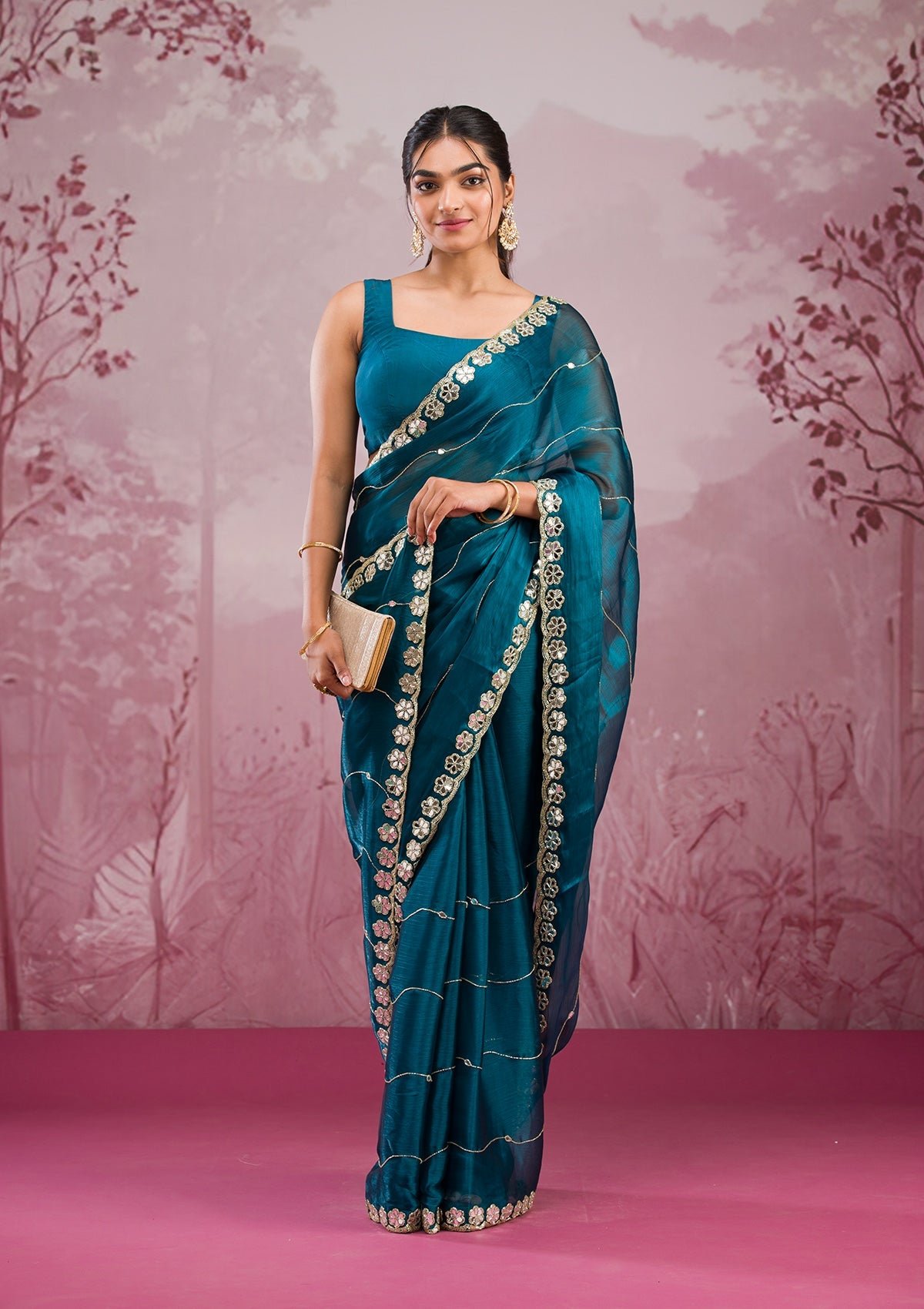 Stunning Peacock Blue Tissue Saree with Elegant Mirrorwork