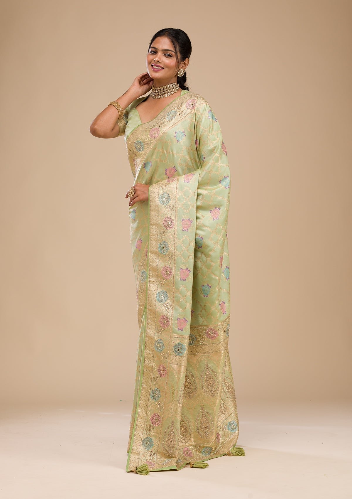 Elegant Pista Green Stonework Soft Silk Saree - Image 3