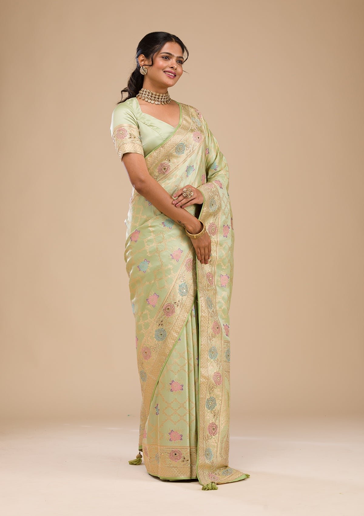 Elegant Pista Green Stonework Soft Silk Saree - Image 4