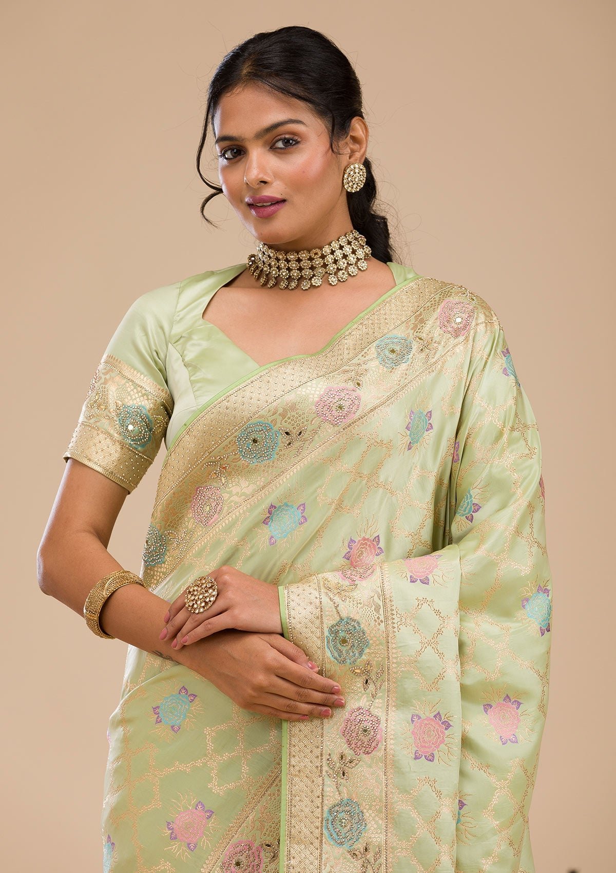 Elegant Pista Green Stonework Soft Silk Saree - Image 6