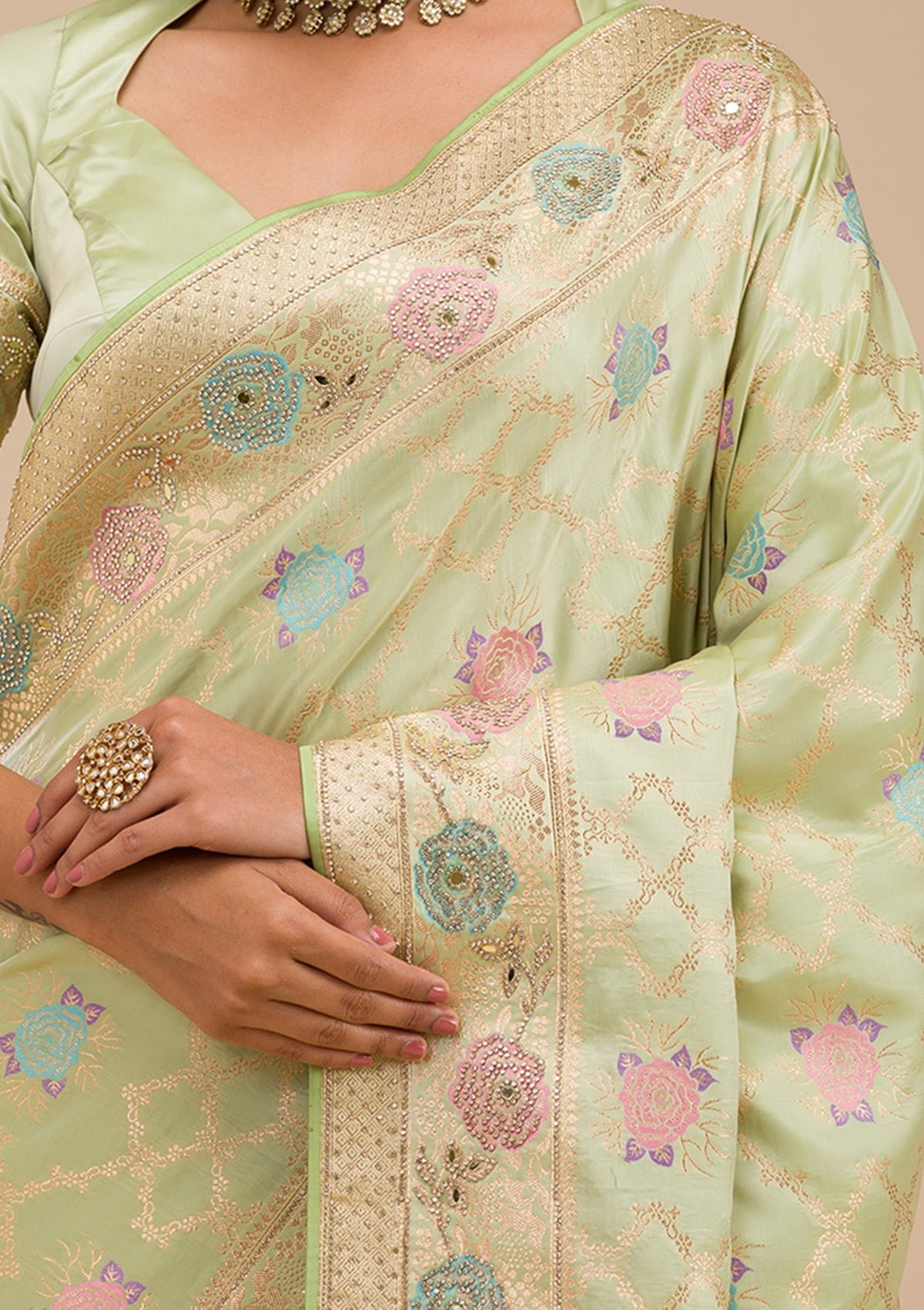 Elegant Pista Green Stonework Soft Silk Saree - Image 7