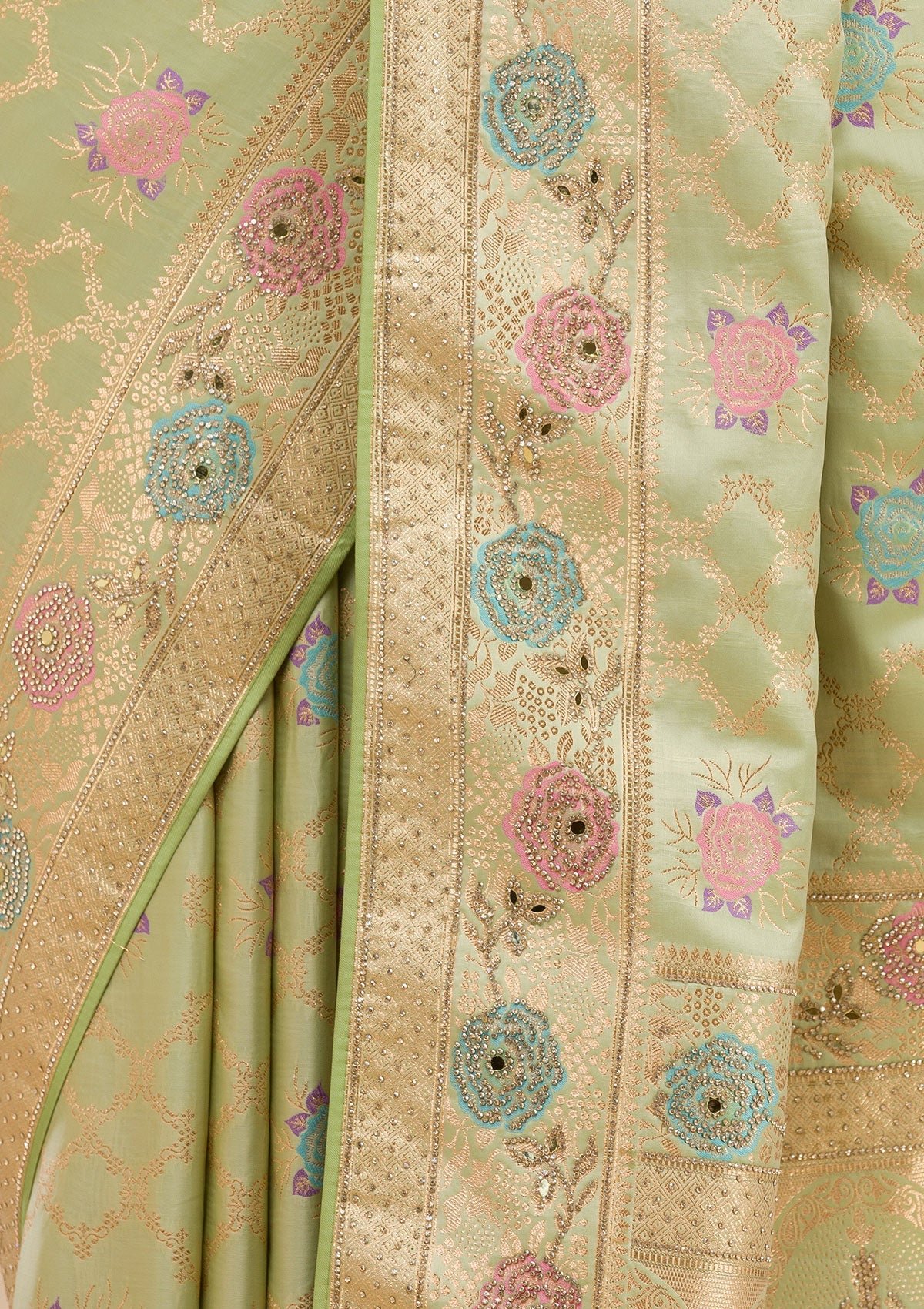 Elegant Pista Green Stonework Soft Silk Saree - Image 8