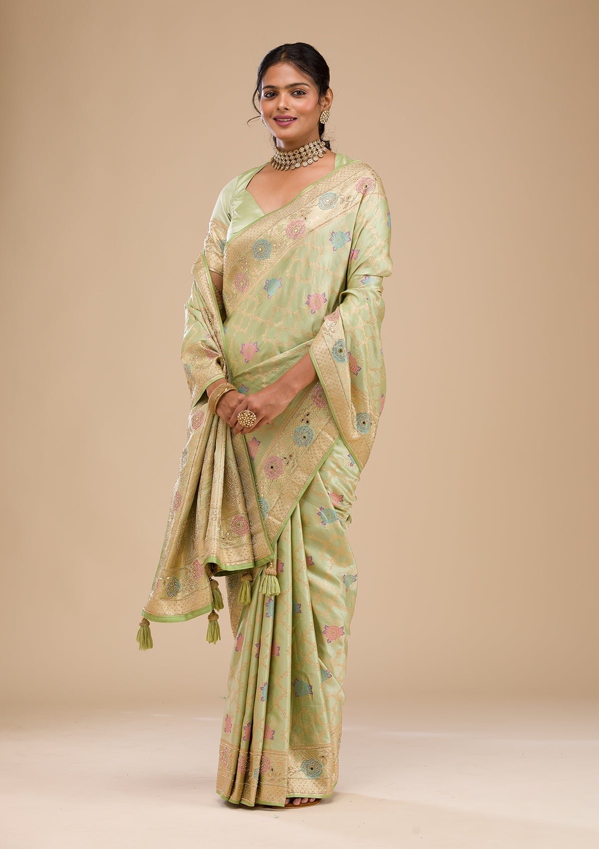 Elegant Pista Green Stonework Soft Silk Saree - Image 5