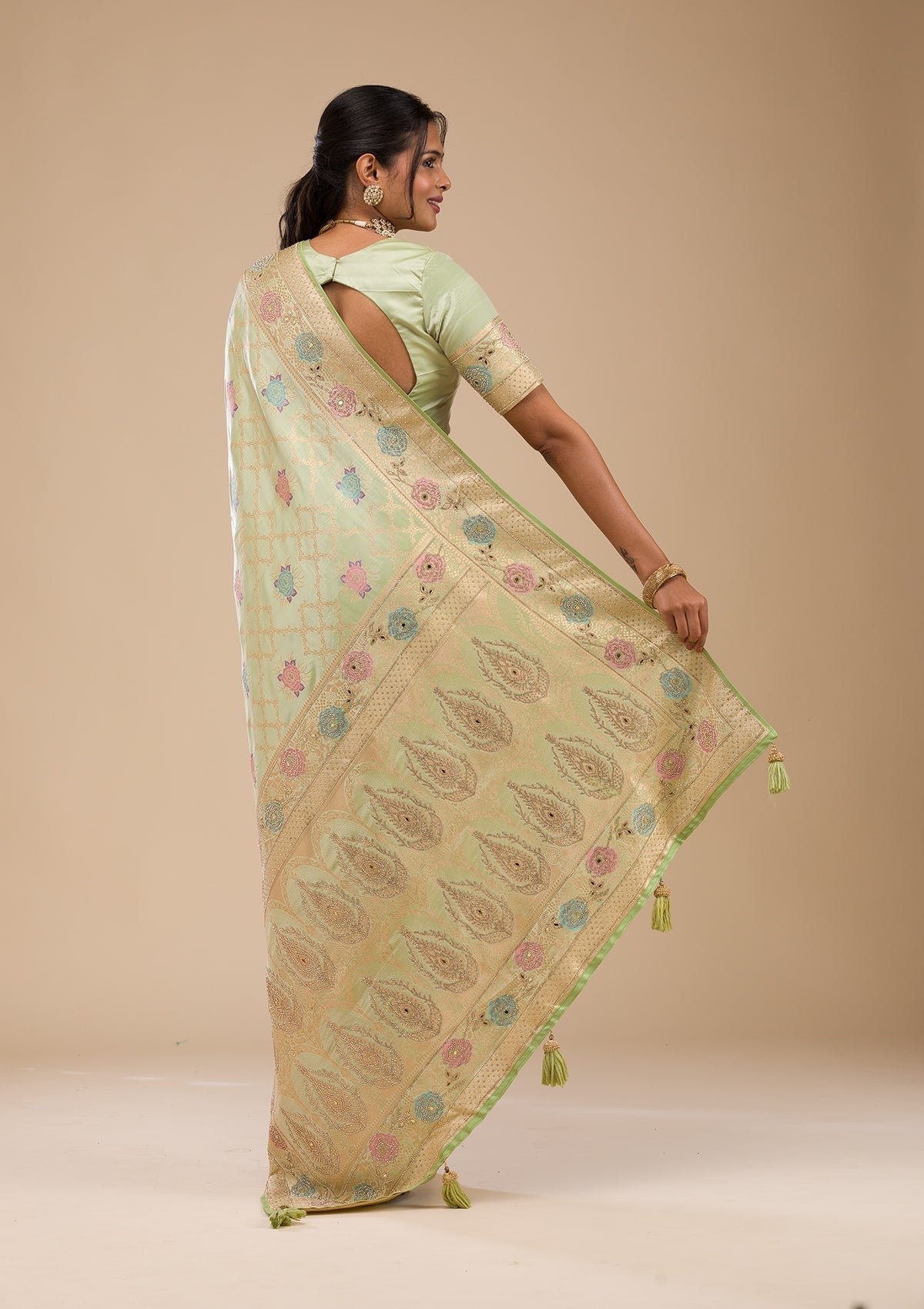 Elegant Pista Green Stonework Soft Silk Saree - Image 2
