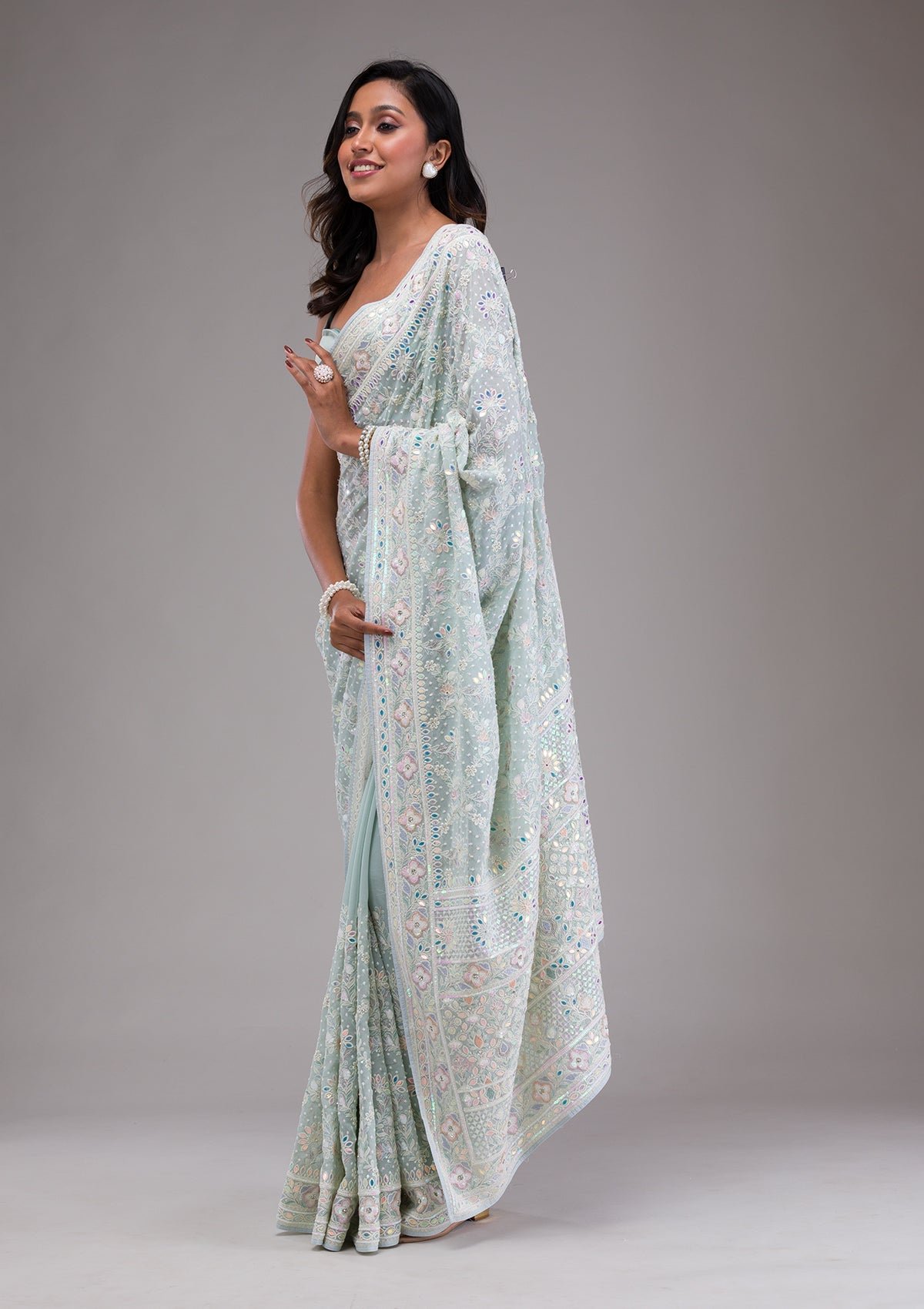 Elegant Sky Blue Georgette Saree with Exquisite Threadwork - Image 3