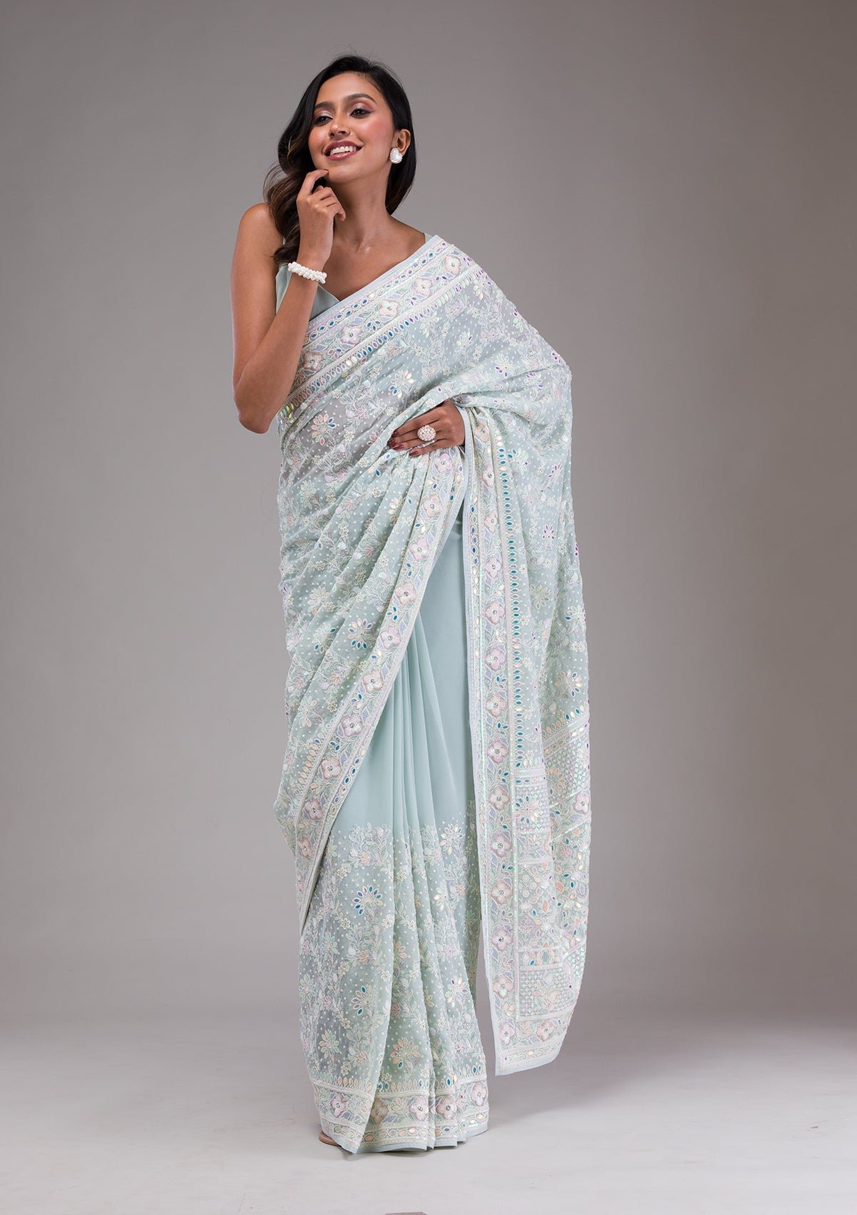 Elegant Sky Blue Georgette Saree with Exquisite Threadwork - Image 4