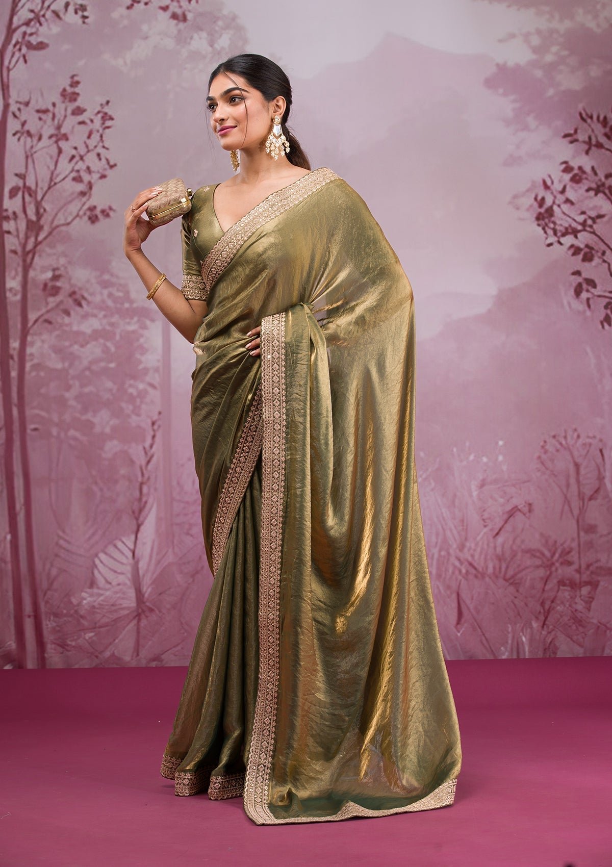 Bravix Elegant Rama Green Tissue Saree with Exquisite Threadwork