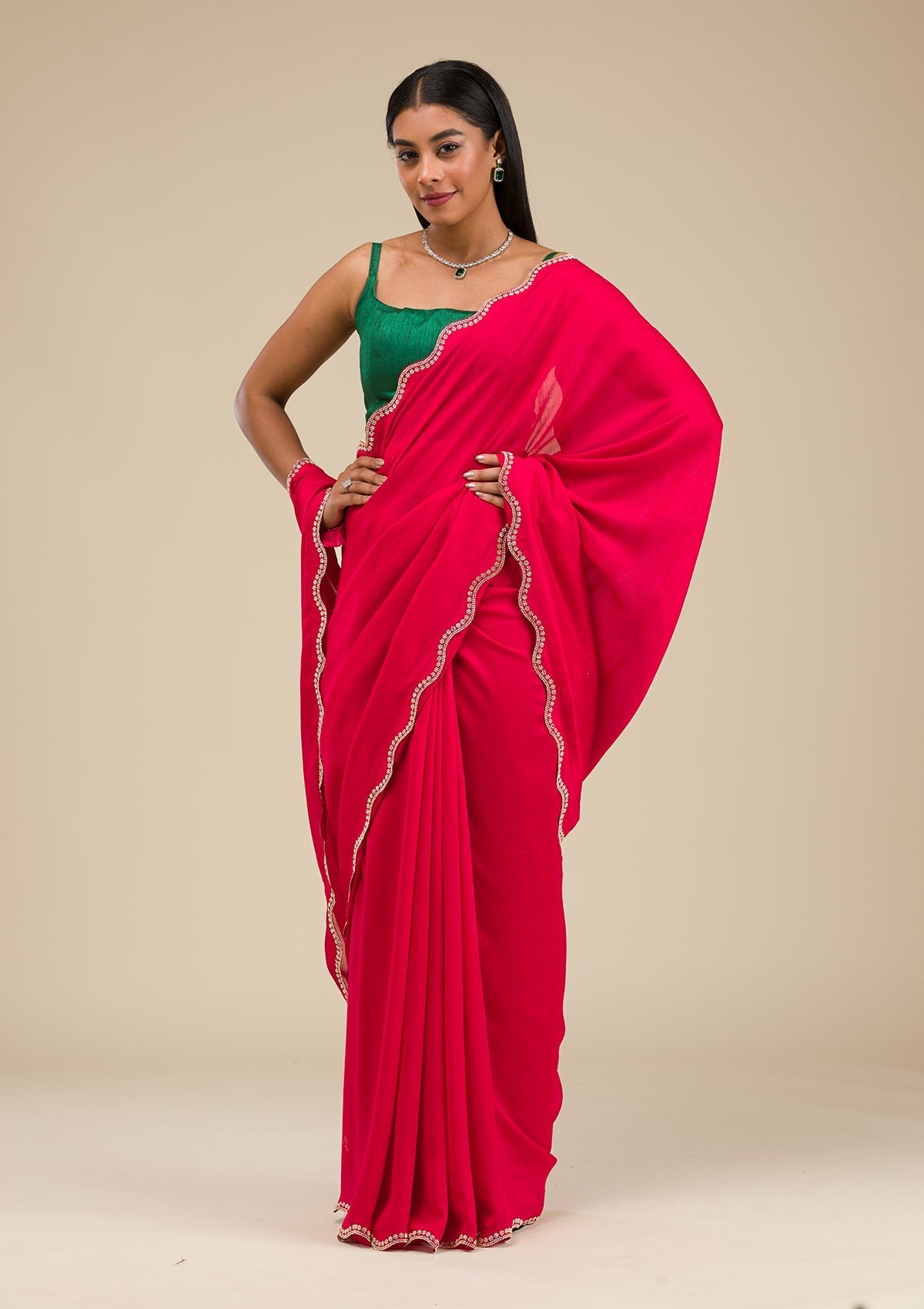 Bravix Exquisite Rani Pink Stone-Embellished Art Silk Saree