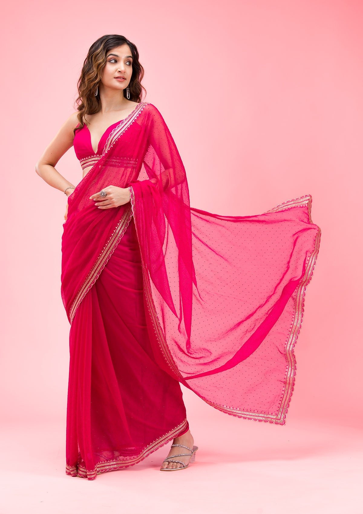 Bravix Elegant Rani Pink Chiffon Saree with Exquisite Threadwork