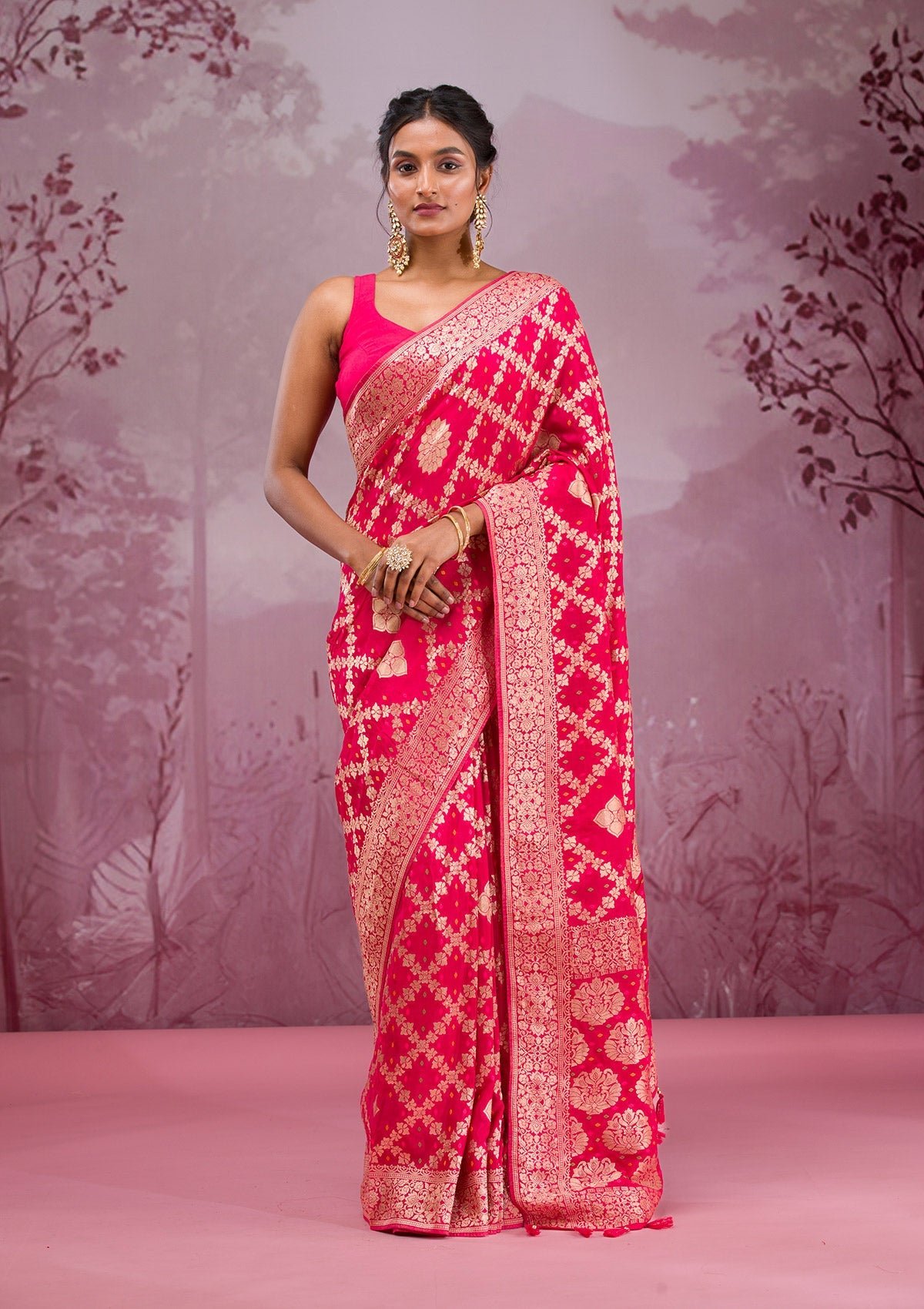 Bravix Exquisite Rani Pink Zariwork Georgette Saree for Effortless Elegance