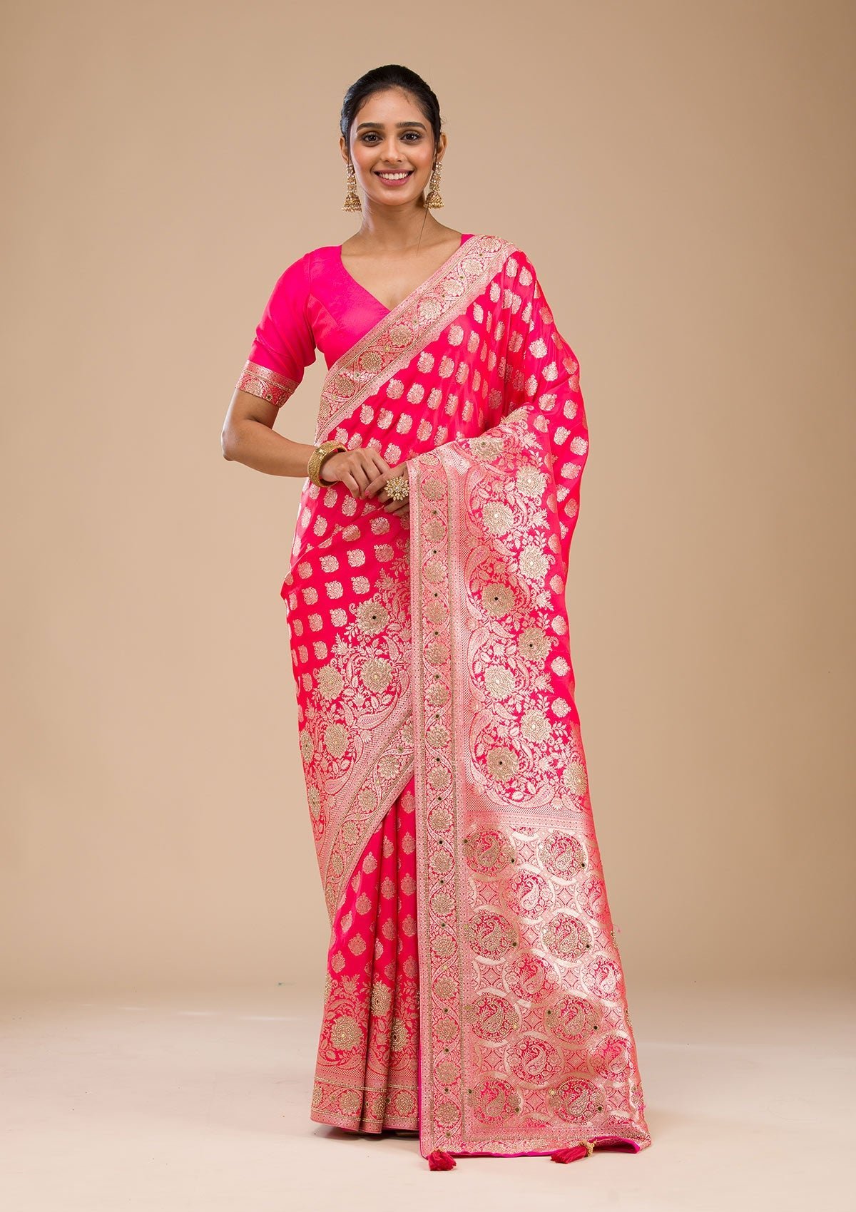 Bravix Exquisite Rani Pink Zariwork Raw Silk Saree for Elegant Occasions