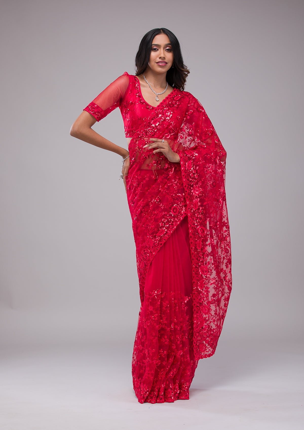 Bravix Glistening Red Sequined Net Saree