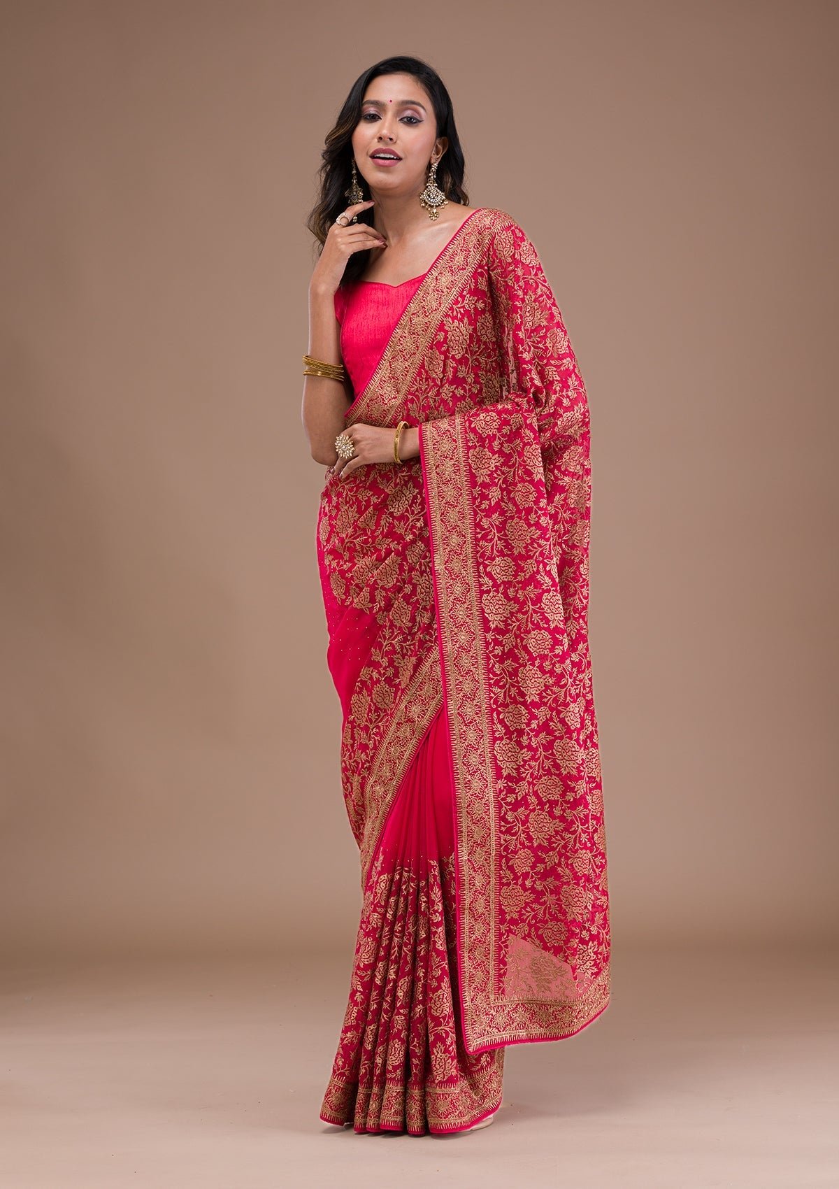 Bravix Elegant Red Georgette Saree with Stunning Zari Work