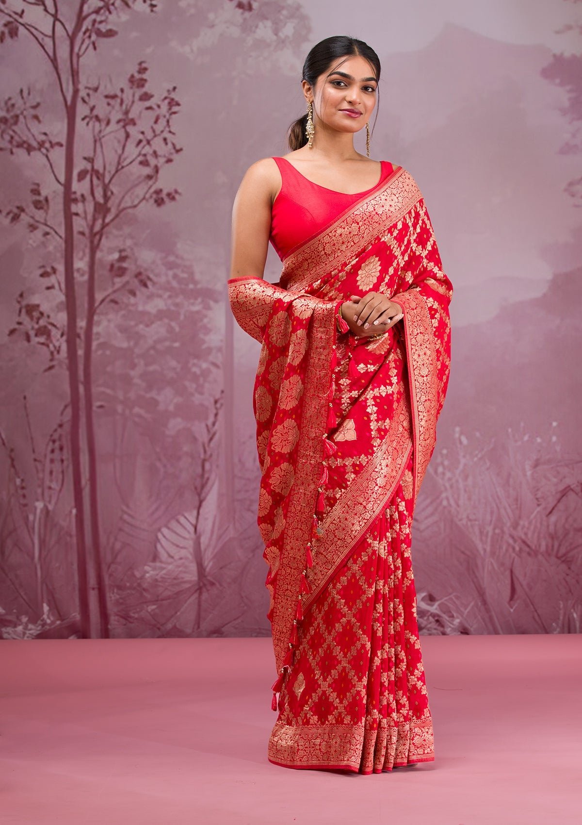 Bravix Stunning Red Georgette Saree with Intricate Zariwork