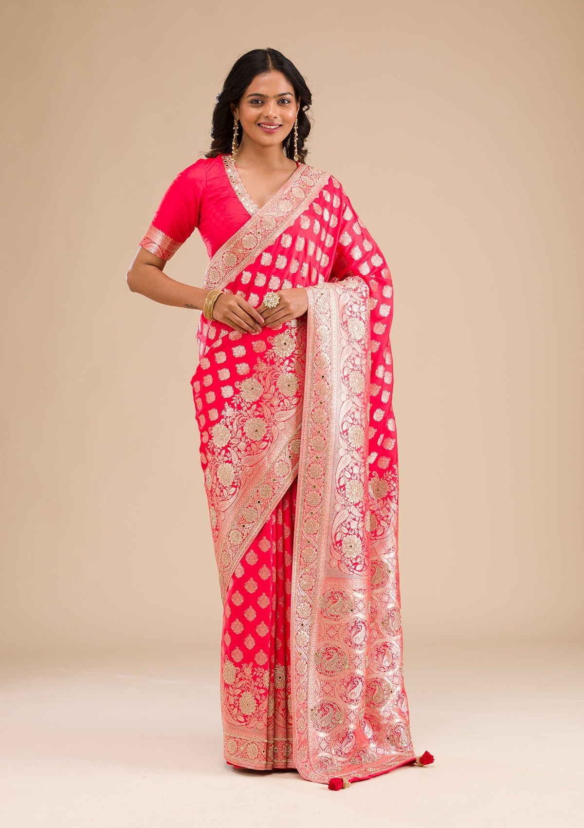 Bravix Stunning Red Zariwork Raw Silk Saree for Elegant Occasions