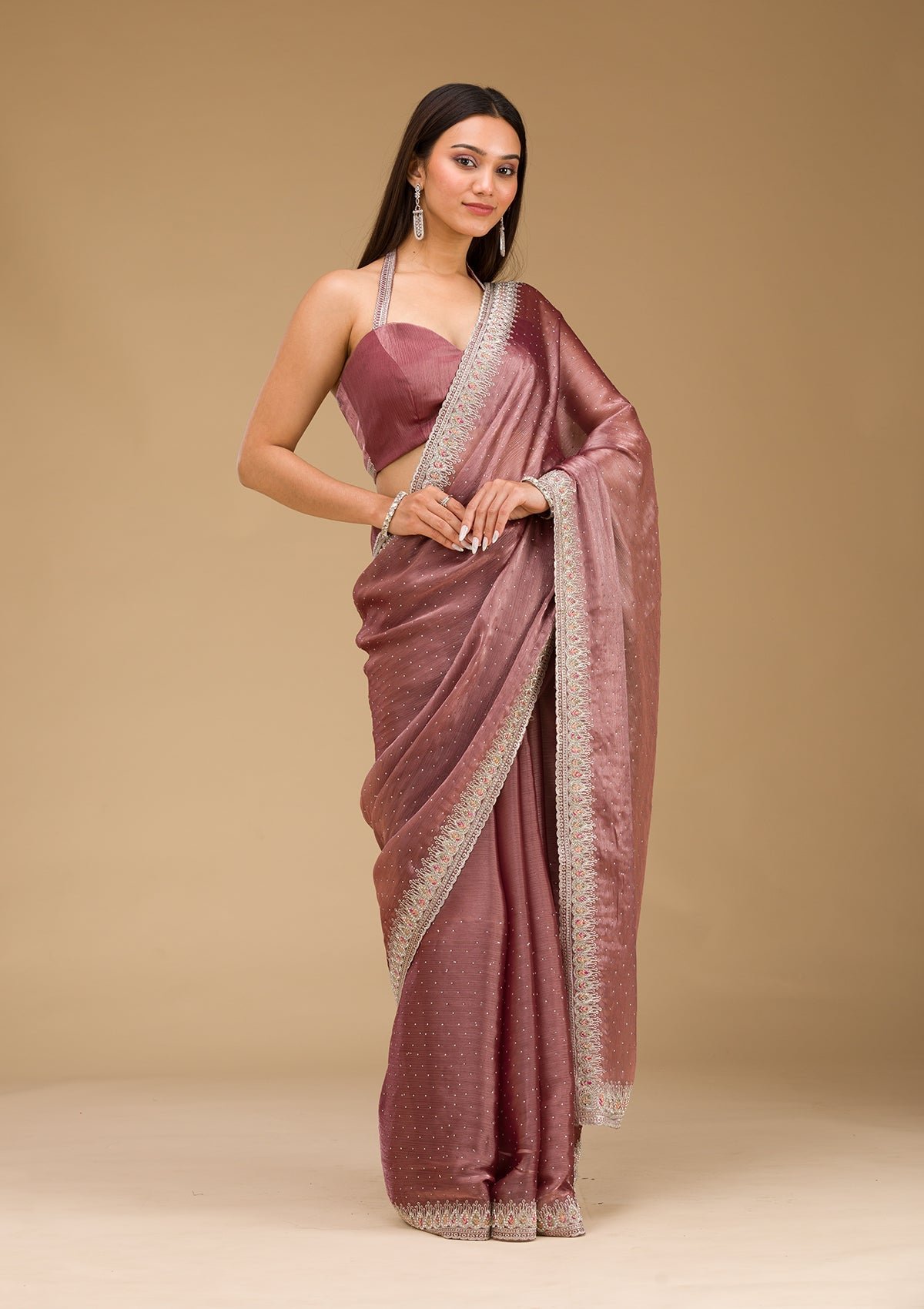 Bravix Rustic Elegance Chiffon Saree with Stonework