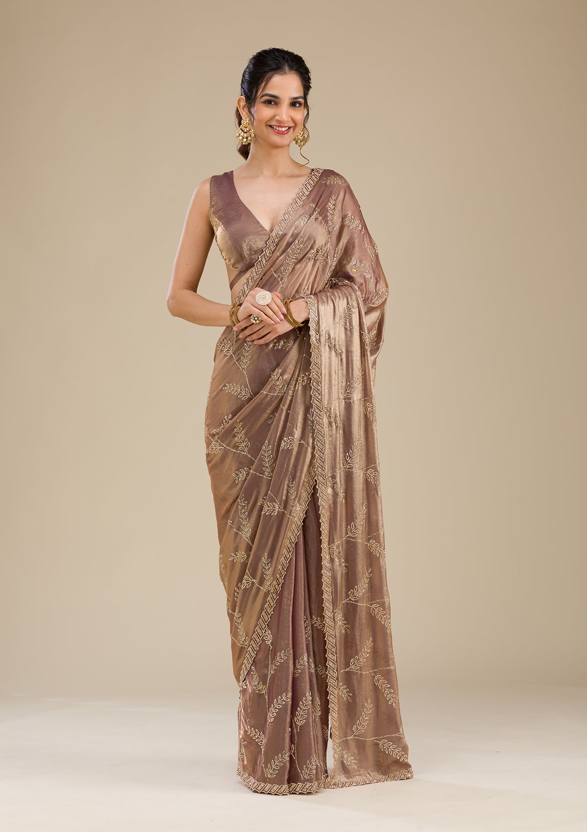 Bravix Elegant Rust Satin Saree with Stunning Stonework