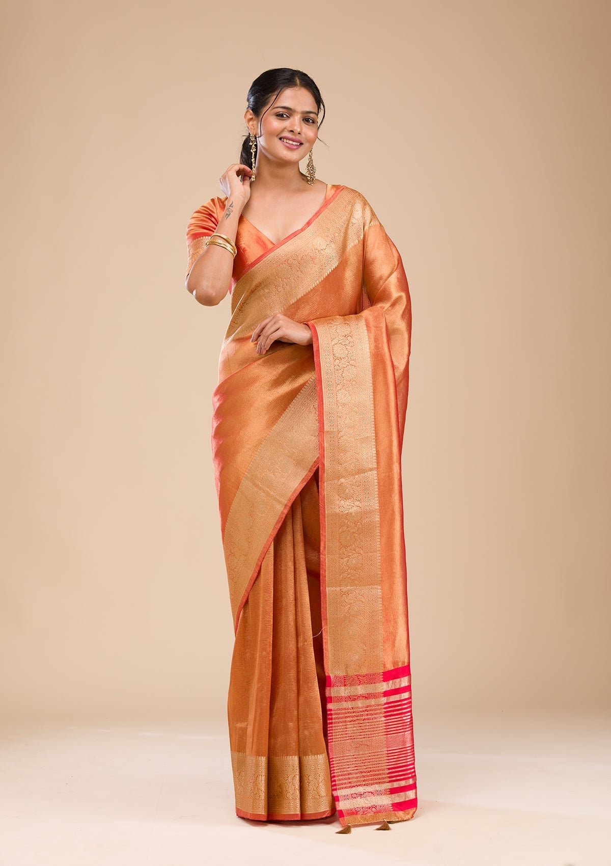 Bravix Elegant Rust Zari Embroidered Tissue Saree