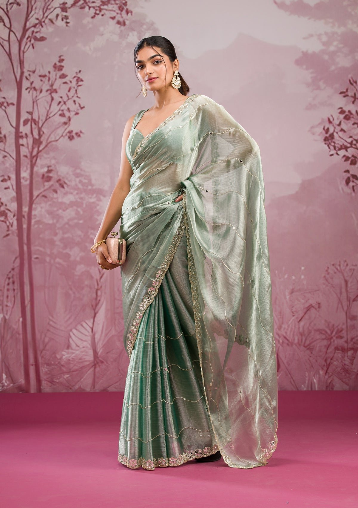 Bravix Elegant Sea Green Georgette Saree with Stunning Mirror Work