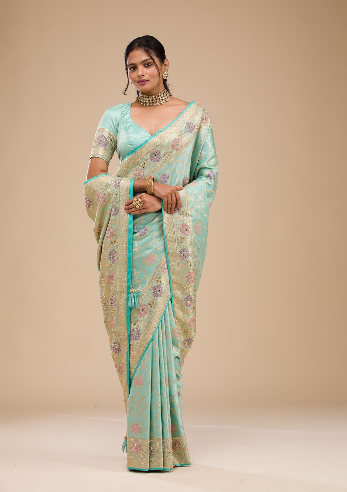 Bravix Elegant Sea Green Soft Silk Saree with Exquisite Stonework