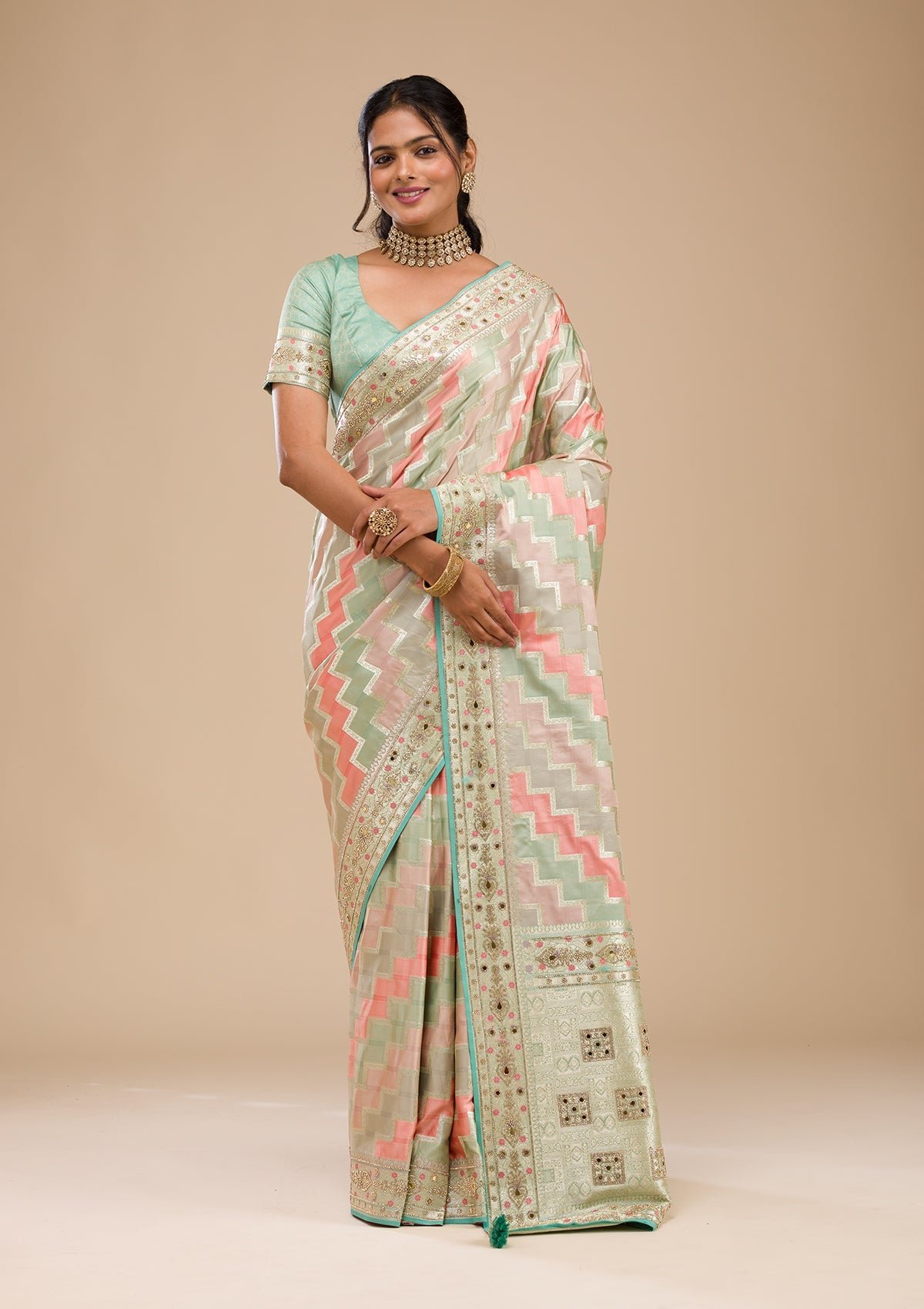 Bravix Elegant Sea Green Stonework Soft Silk Saree