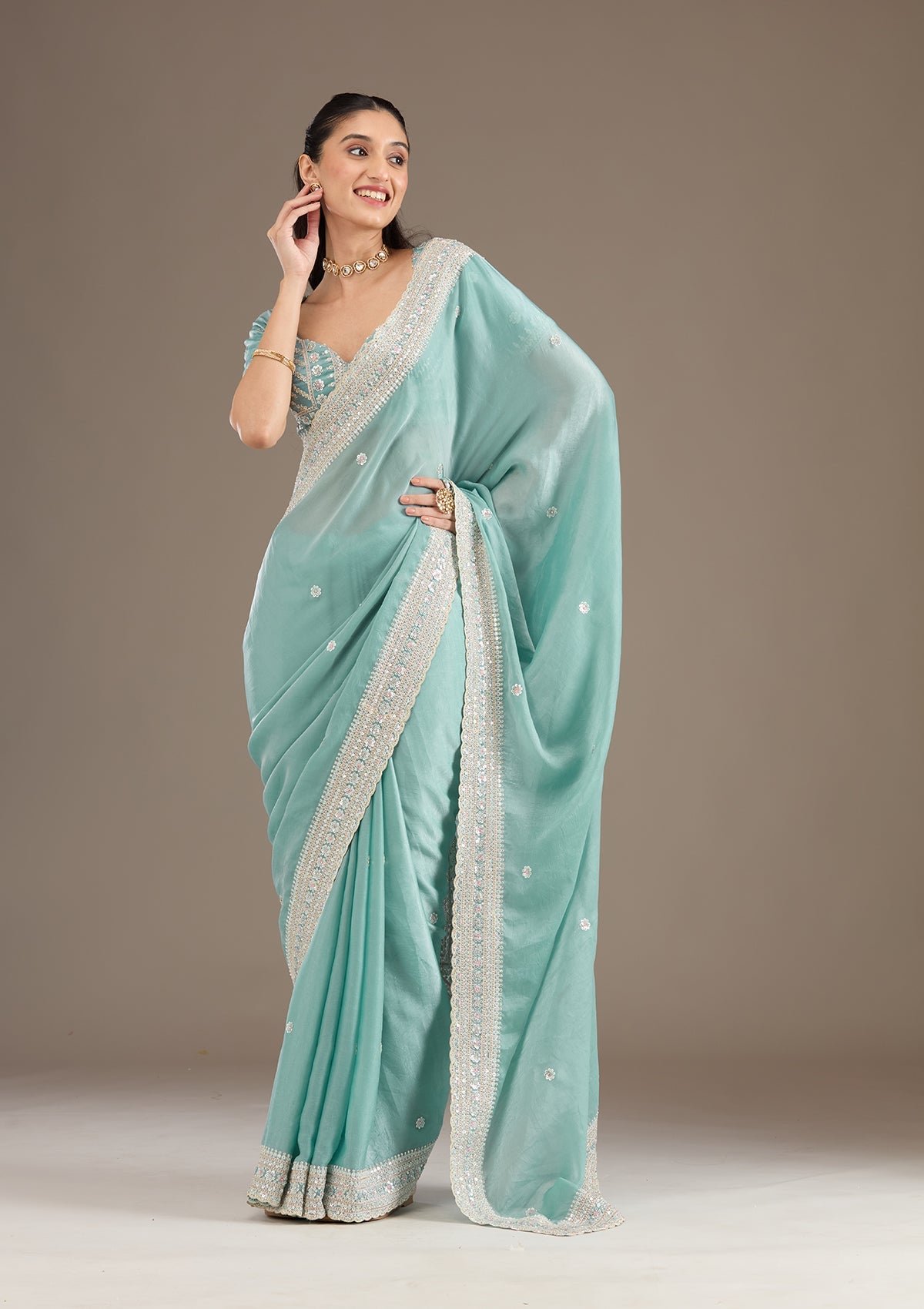 Bravix Elegant Sea Green Stonework Tissue Saree for Timeless Style