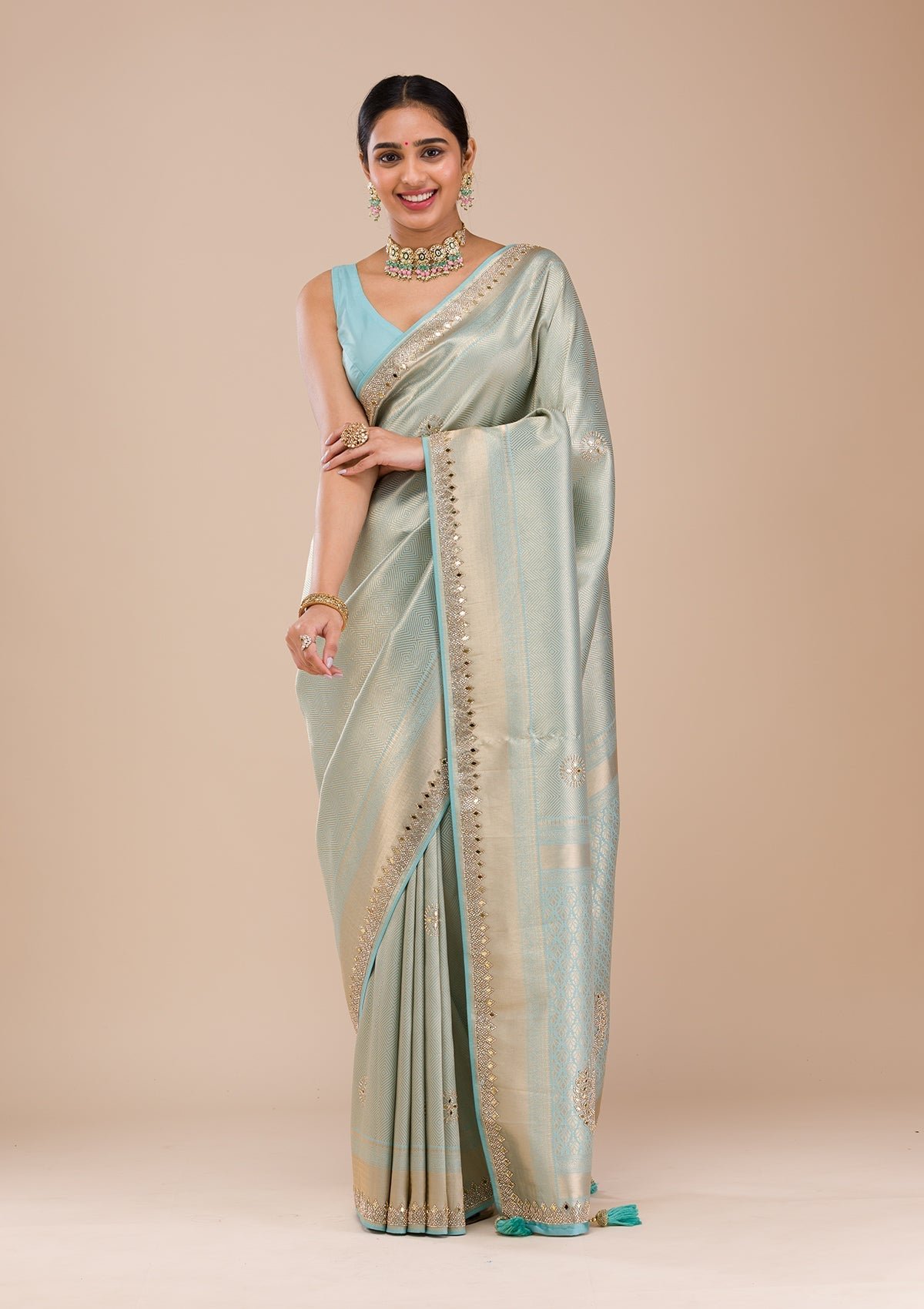 Bravix Stunning Sky Blue Silk Saree with Exquisite Mirrorwork