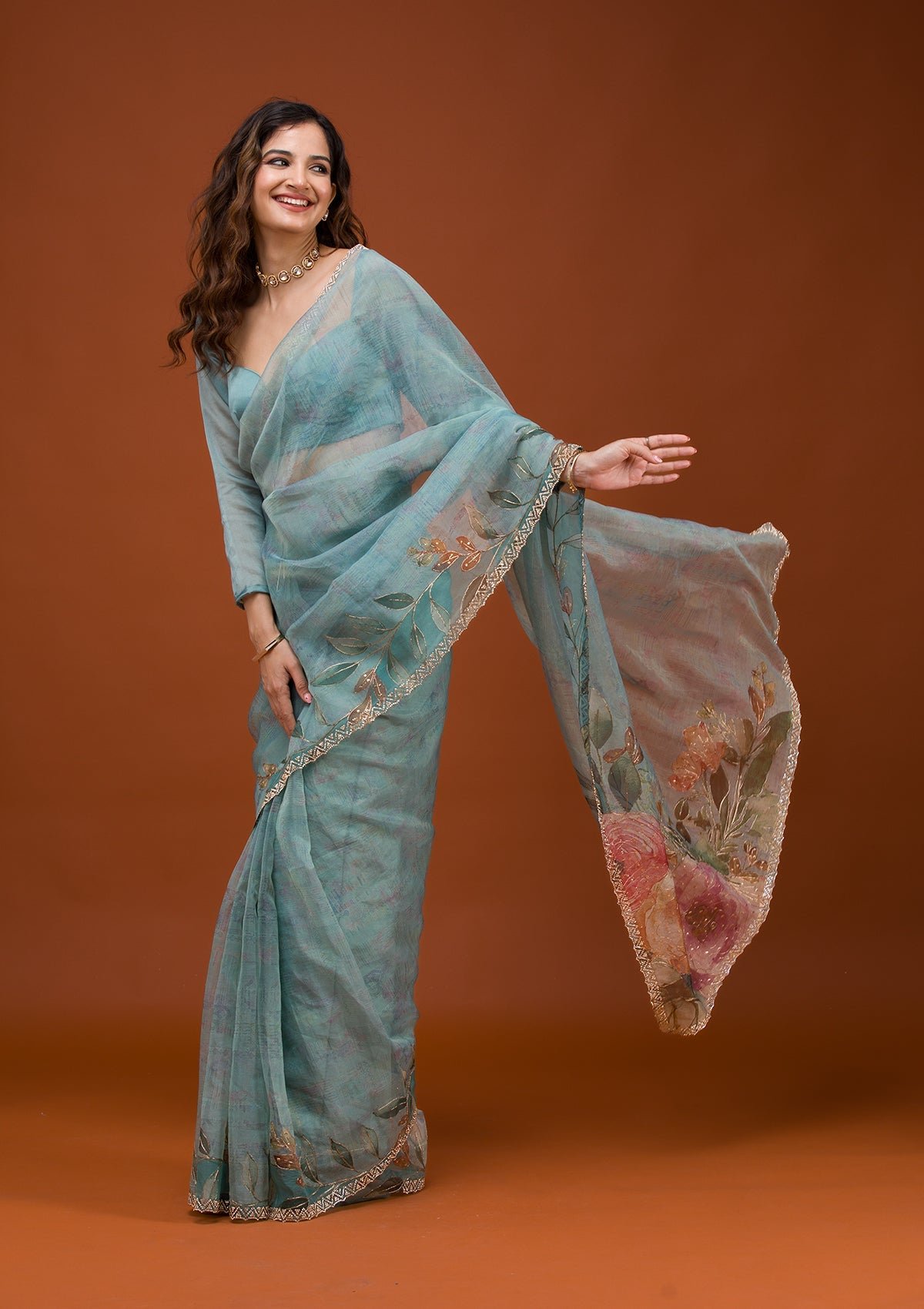Bravix Stunning Sky Blue Floral Tissue Saree