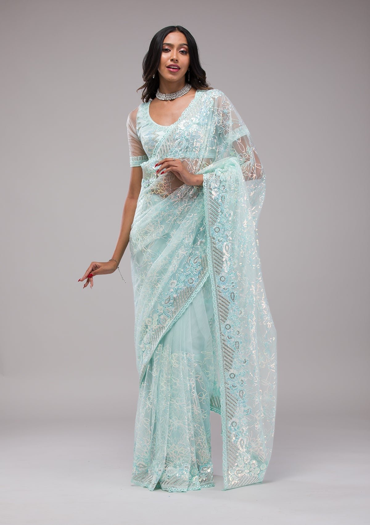 Bravix Stunning Sky Blue Sequined Net Saree