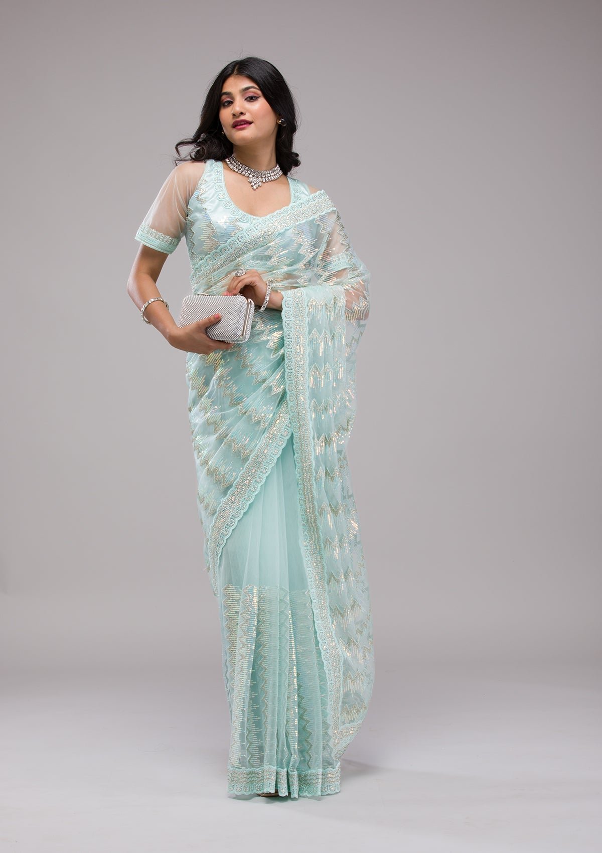 Bravix Elegant Sky Blue Sequined Net Saree for a Dazzling Look