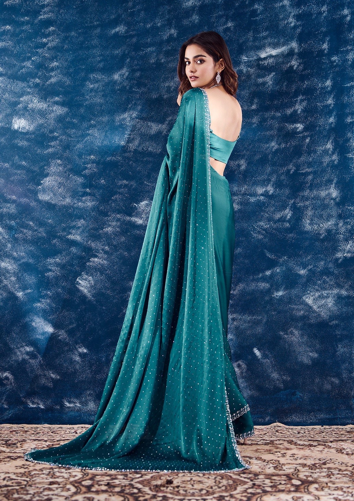 Bravix Elegant Turquoise Blue Satin Saree with Exquisite Stonework Design - Image 2