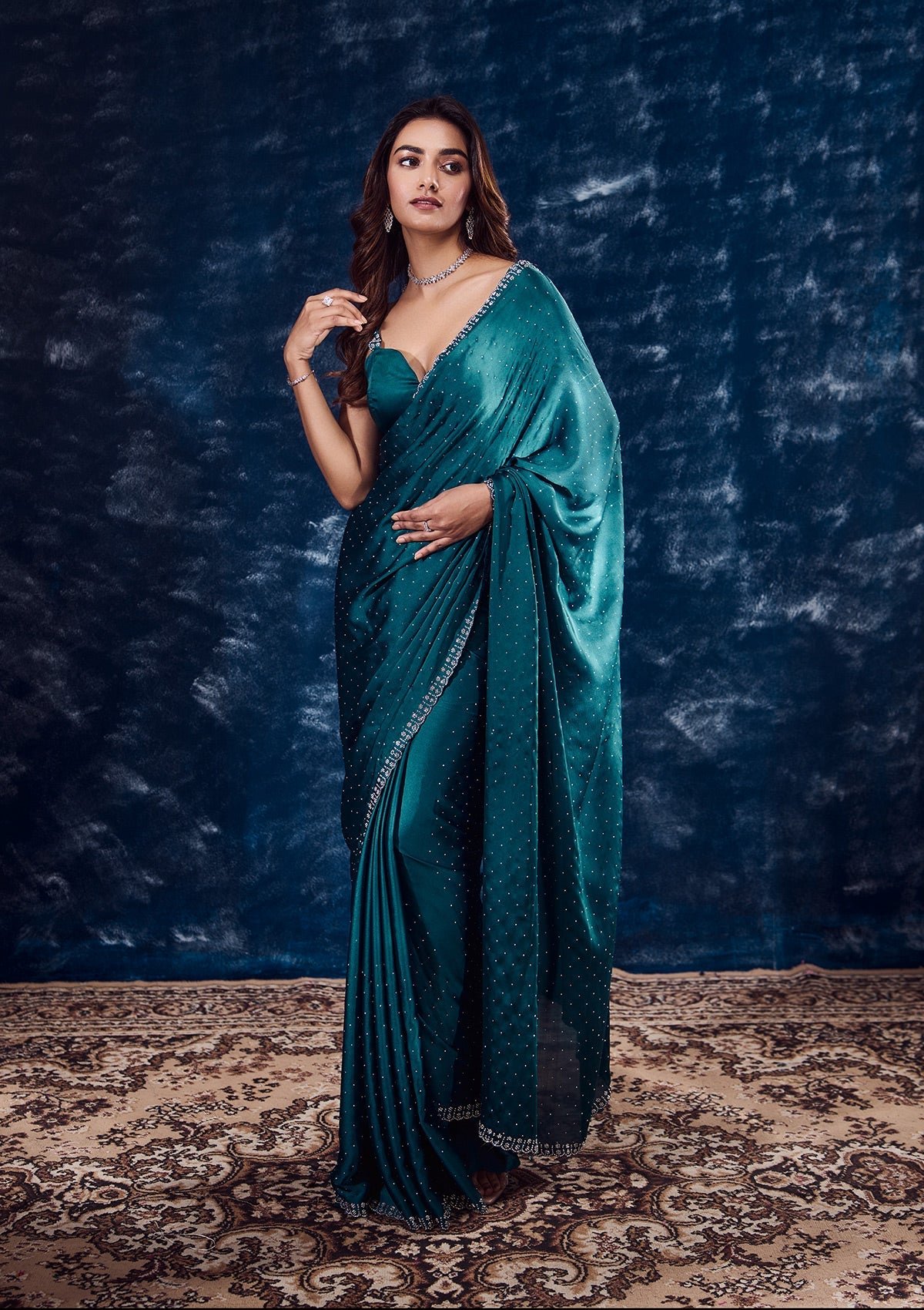 Bravix Elegant Turquoise Blue Satin Saree with Exquisite Stonework Design - Image 3