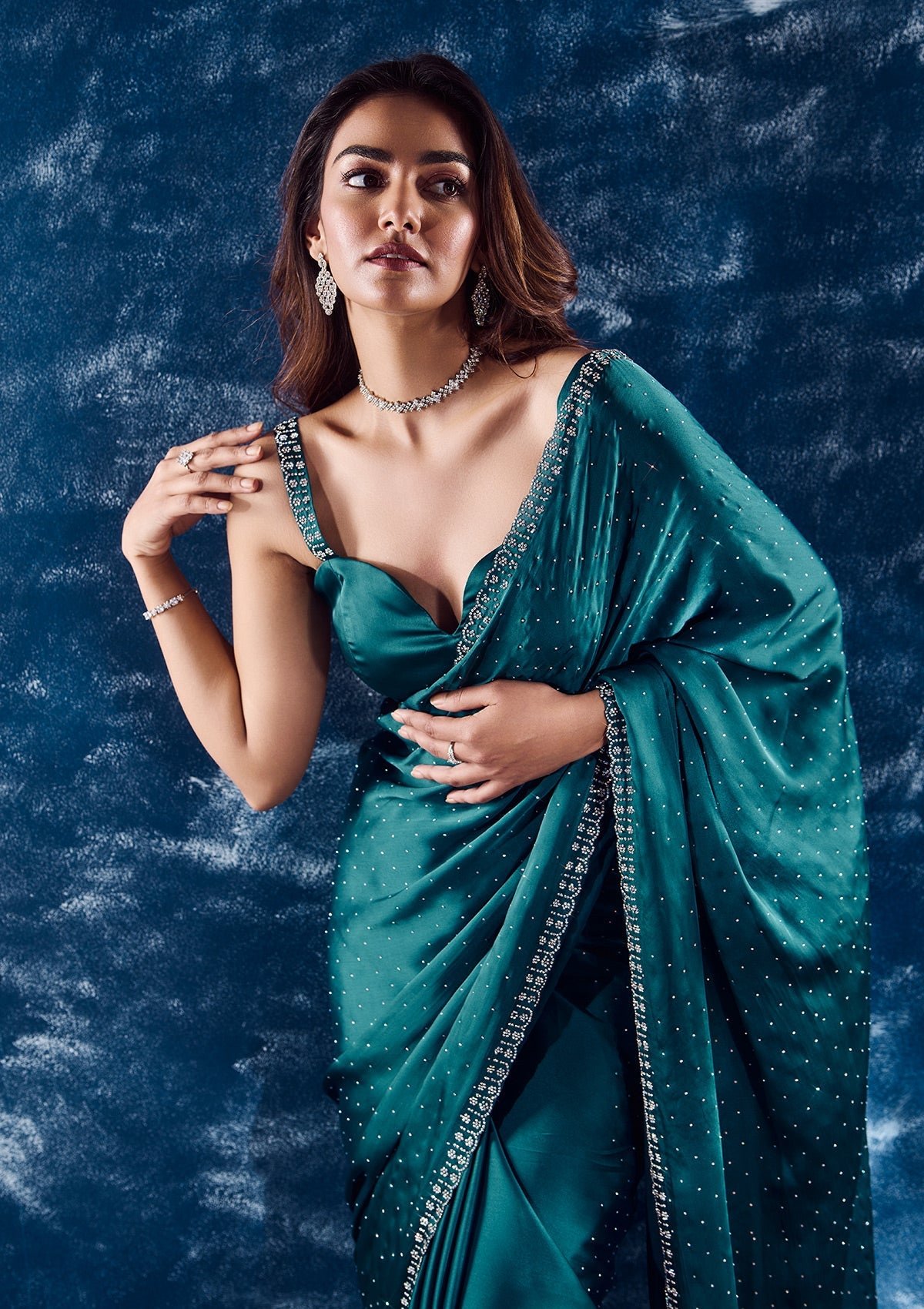Bravix Elegant Turquoise Blue Satin Saree with Exquisite Stonework Design - Image 4