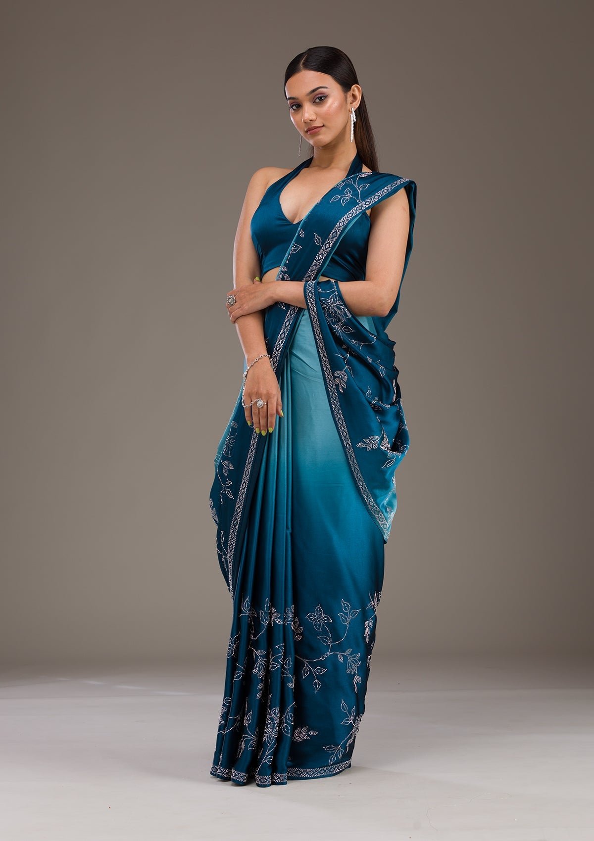 Bravix Elegant Turquoise Blue Satin Saree with Stunning Stonework