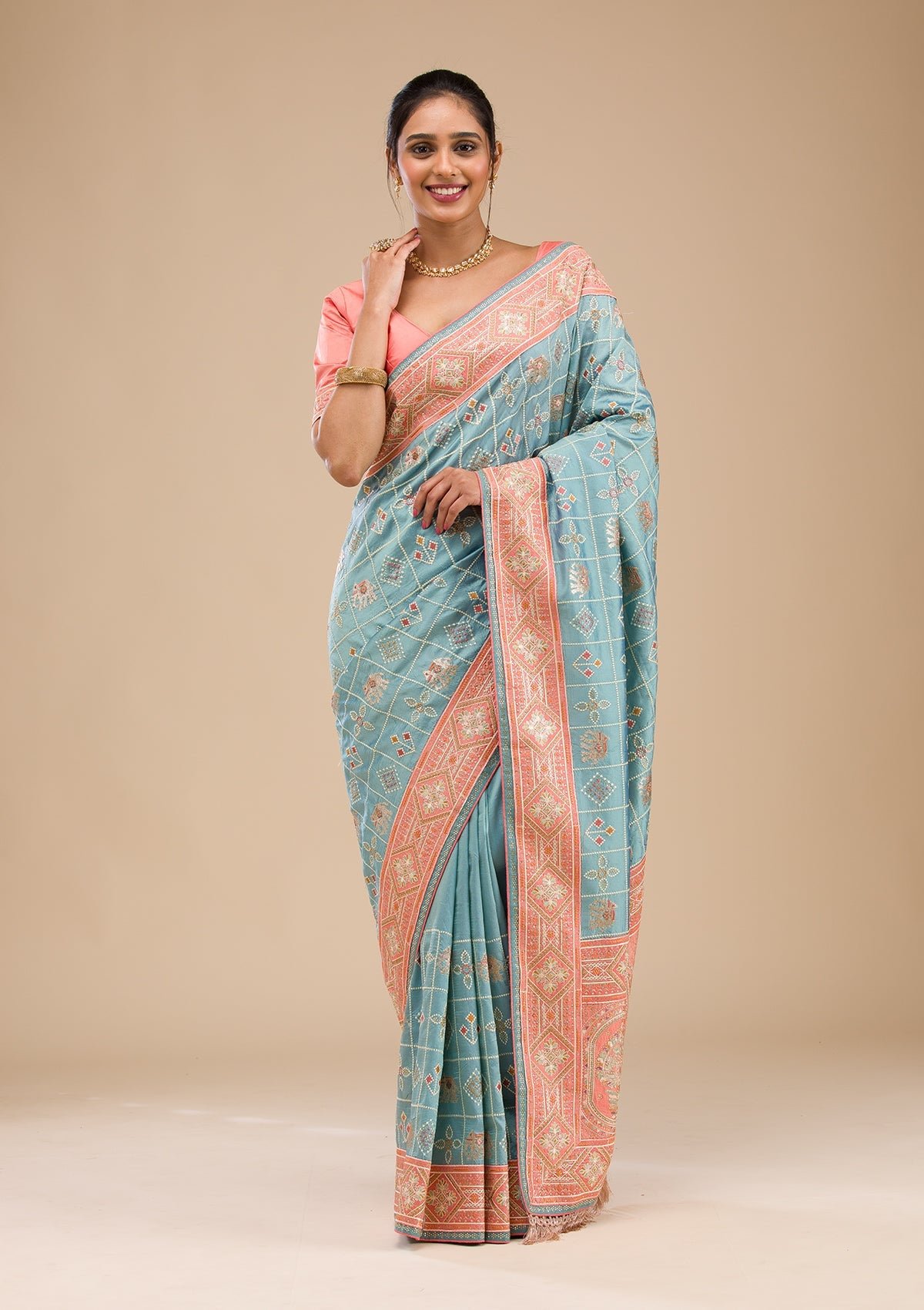 Bravix Stunning Turquoise Blue Semi Crepe Saree with Elegant Threadwork