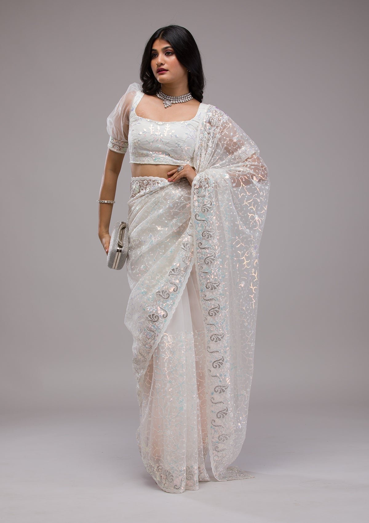 Bravix Glamorous White Sequined Net Saree for a Stunning Look