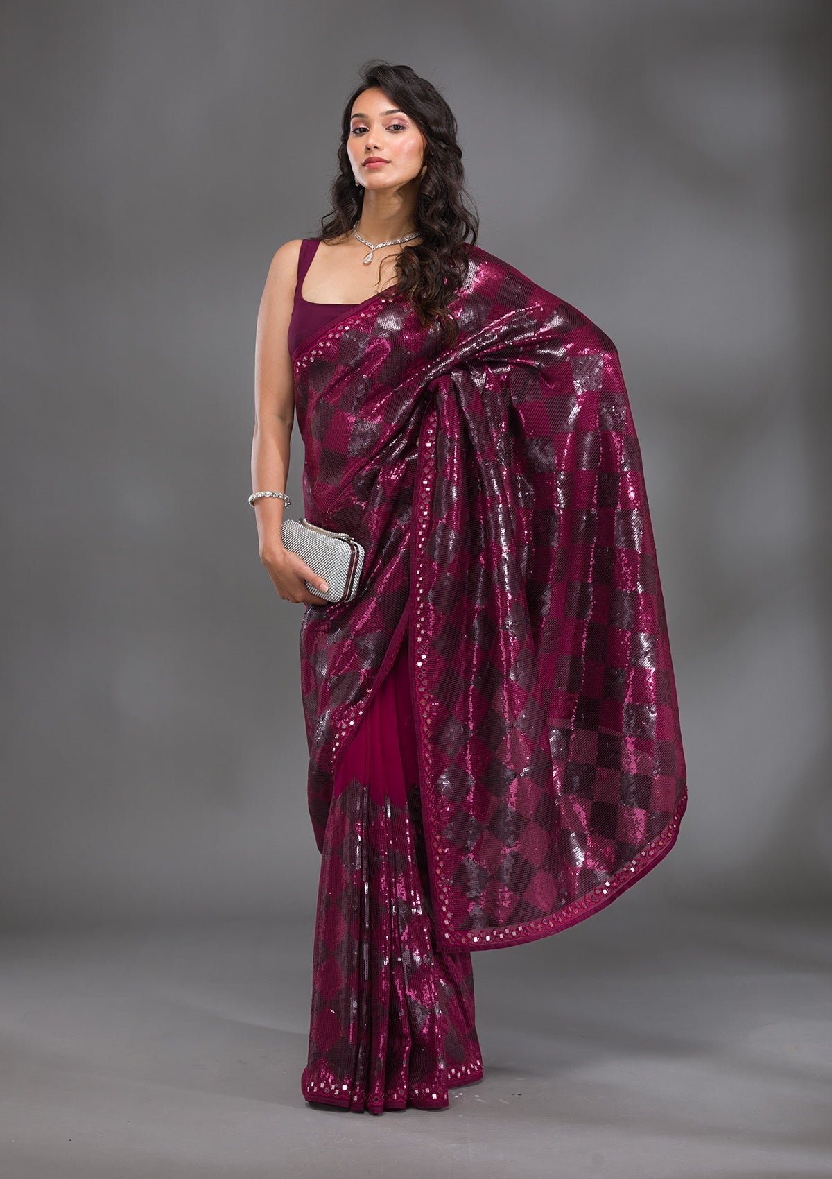 Bravix Glamorous Wine Sequined Georgette Saree