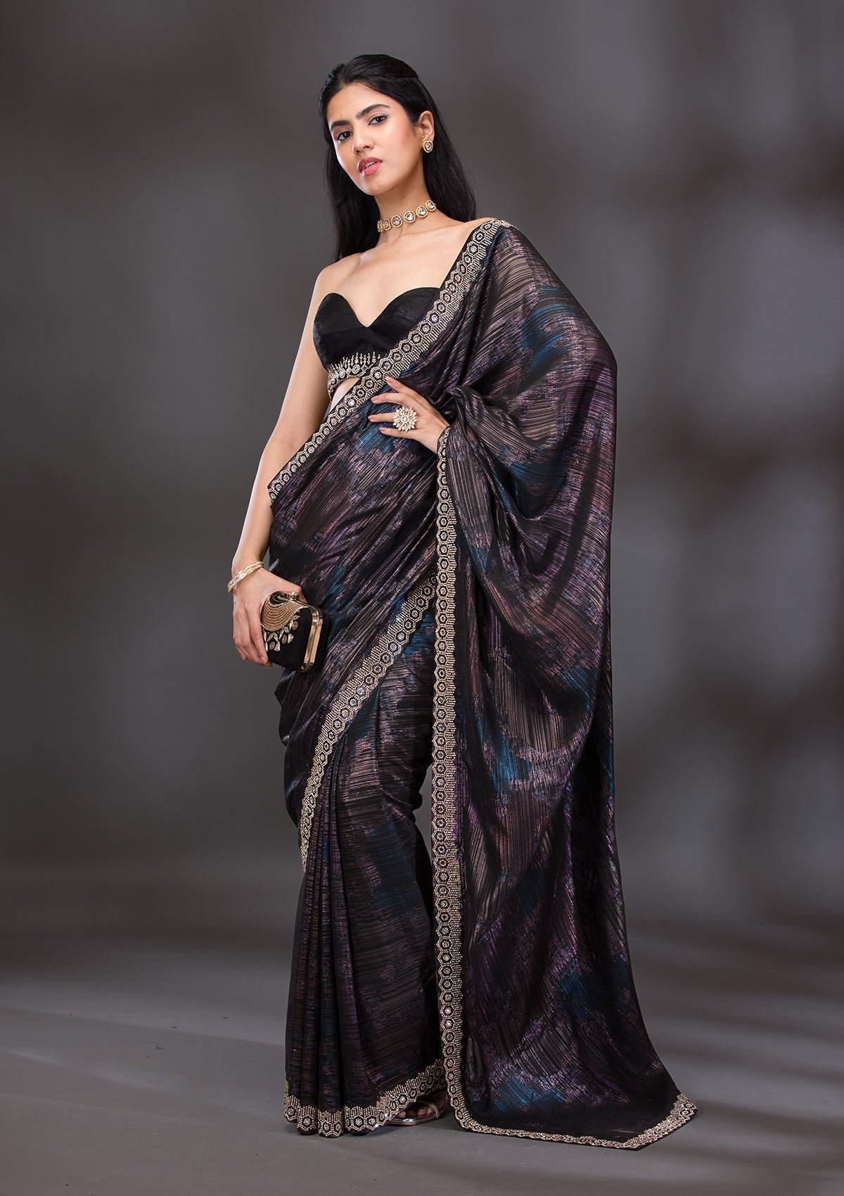 Bravix Glistening Wine Stonework Saree for a Stunning Look